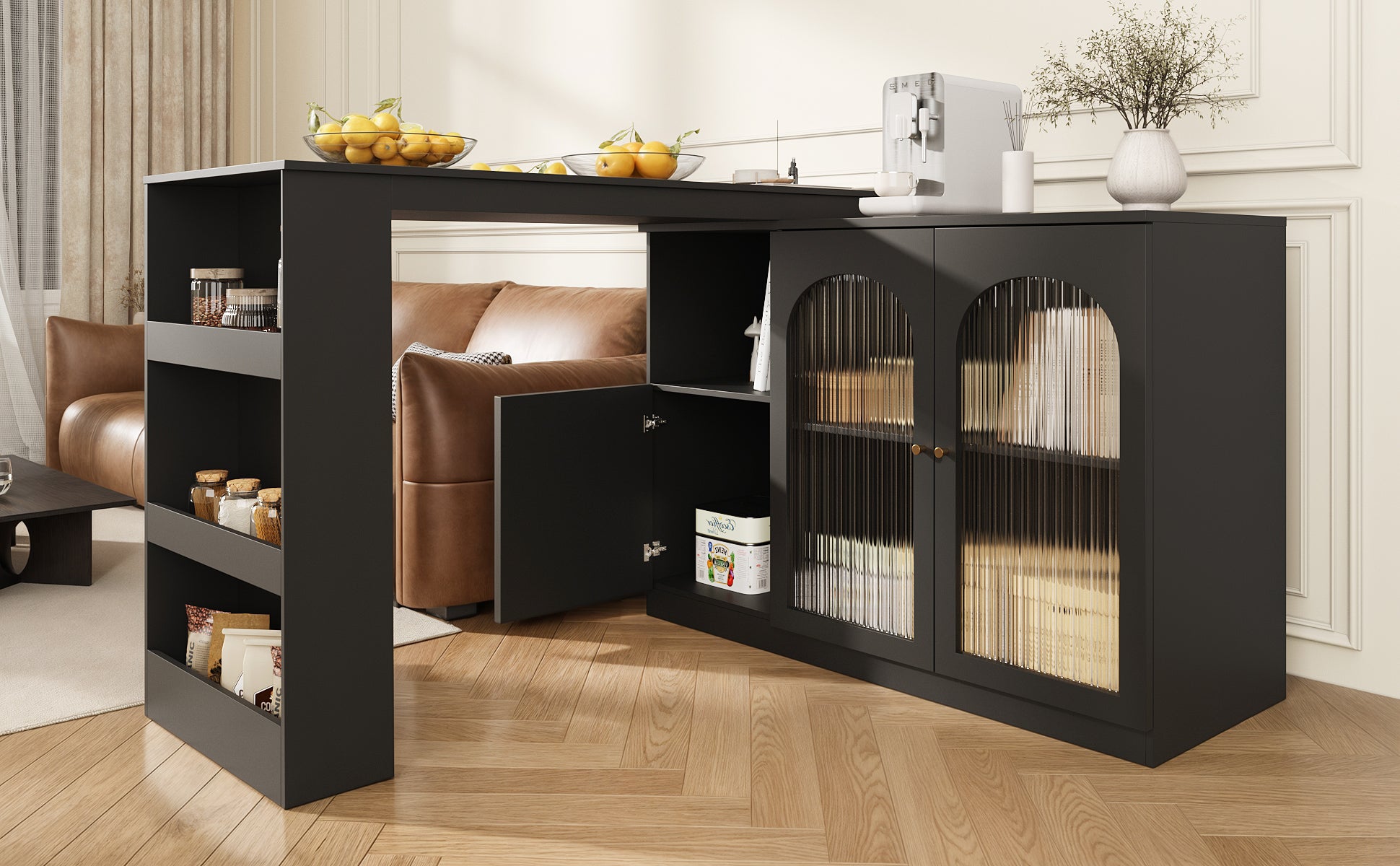 Bar Table, 360° Rotating Dining & Storage with Glass Door, Black