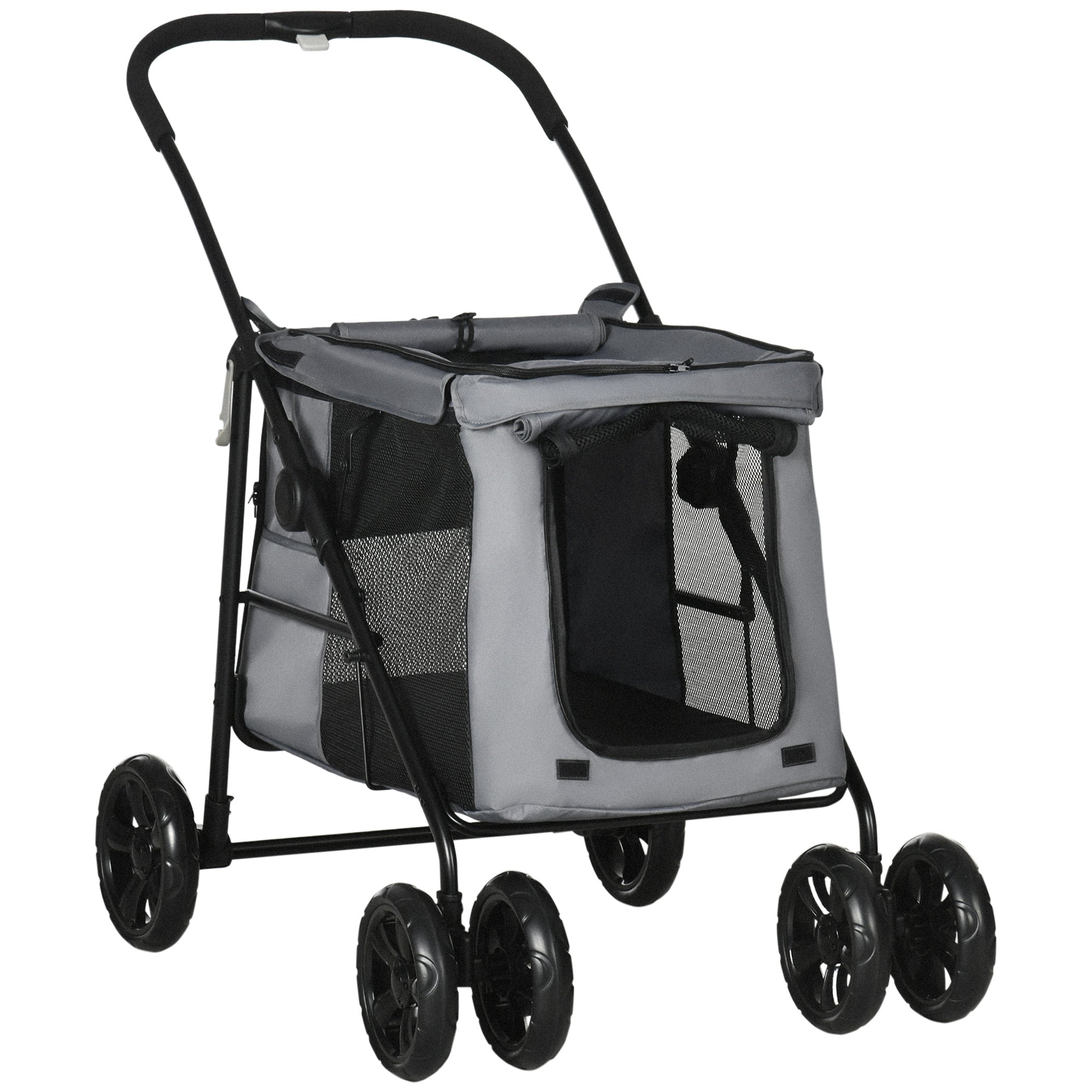 Dog Stroller, Foldable Buggy with Cushion, Grey-Black Oxford Fabric