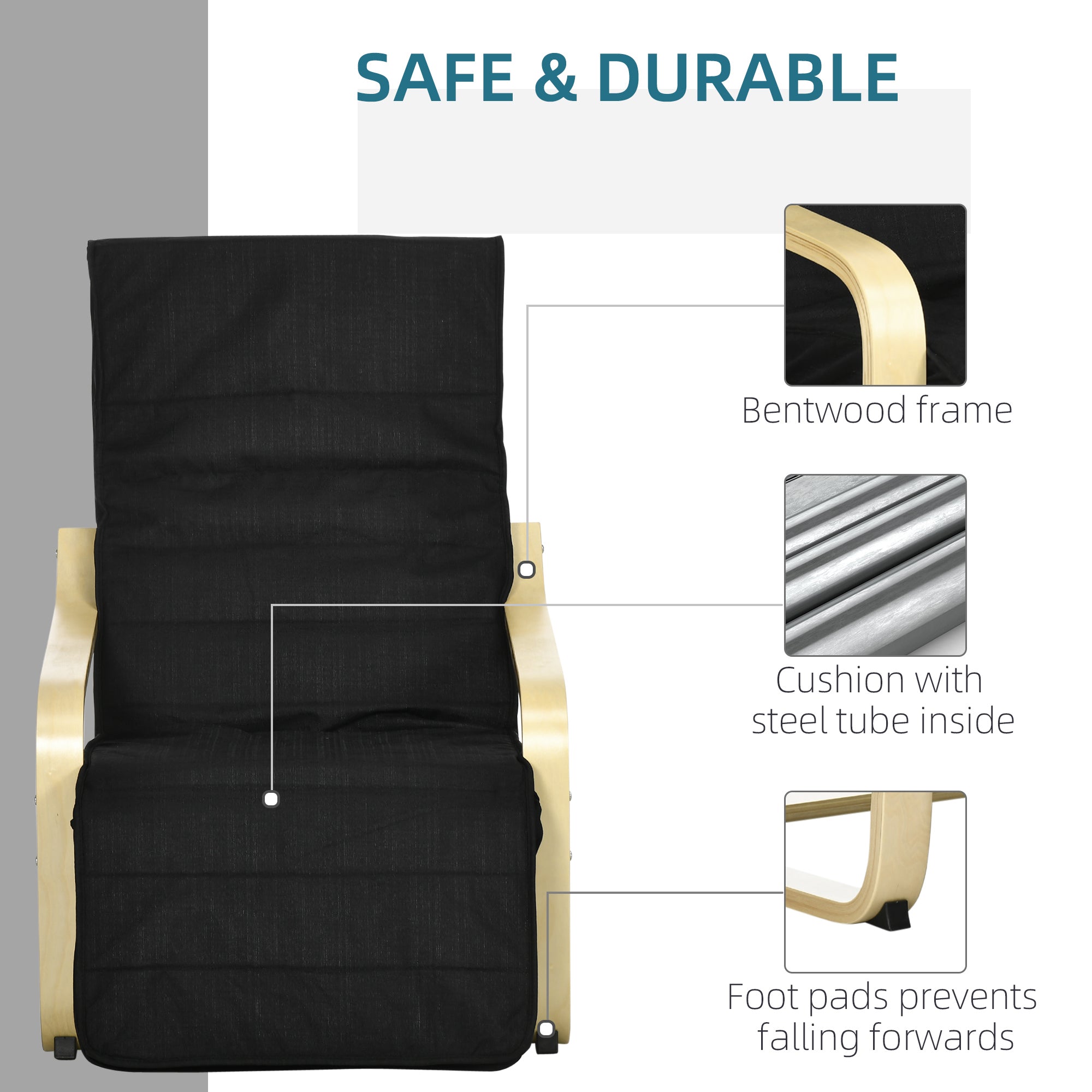 Wooden Lounging Chair Recliner with Adjustable Footrest & Removable Cushion Cover, Black