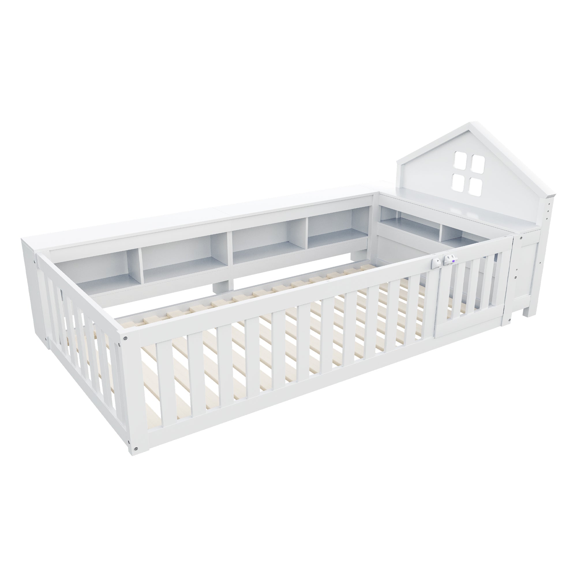 Children's Bed 90x200cm, Roof & Window, Storage, Safety Gate & Door, Solid Wood, White