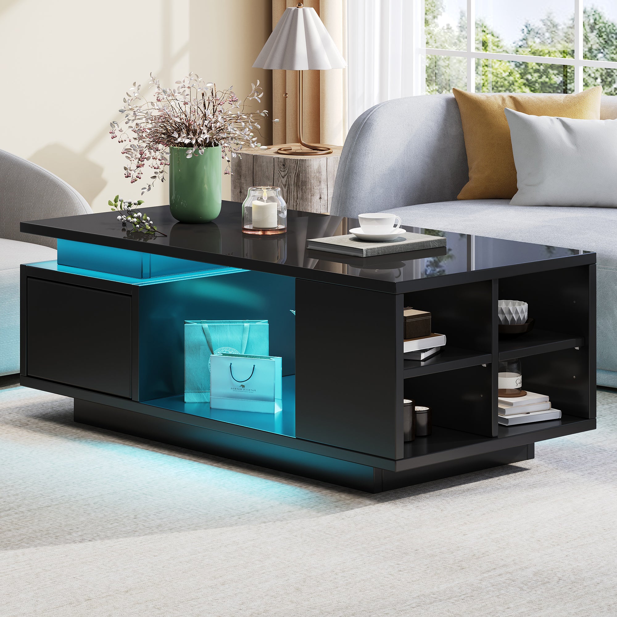 Coffee Table 100x50x36cm High-Gloss LED with Drawer Side Storage Black