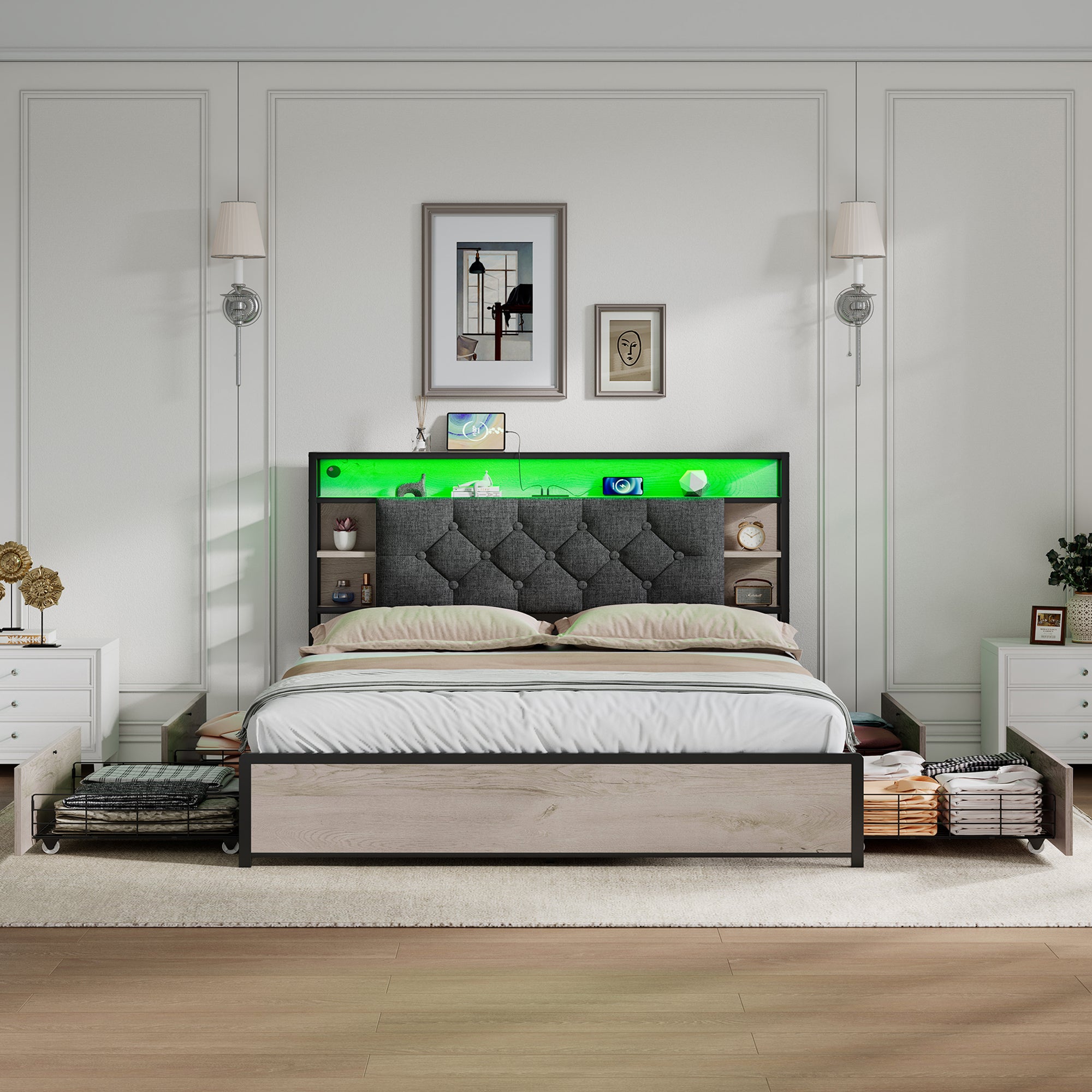 4ft6 Double Bed with Storage, LED Lighting, Grey Linen