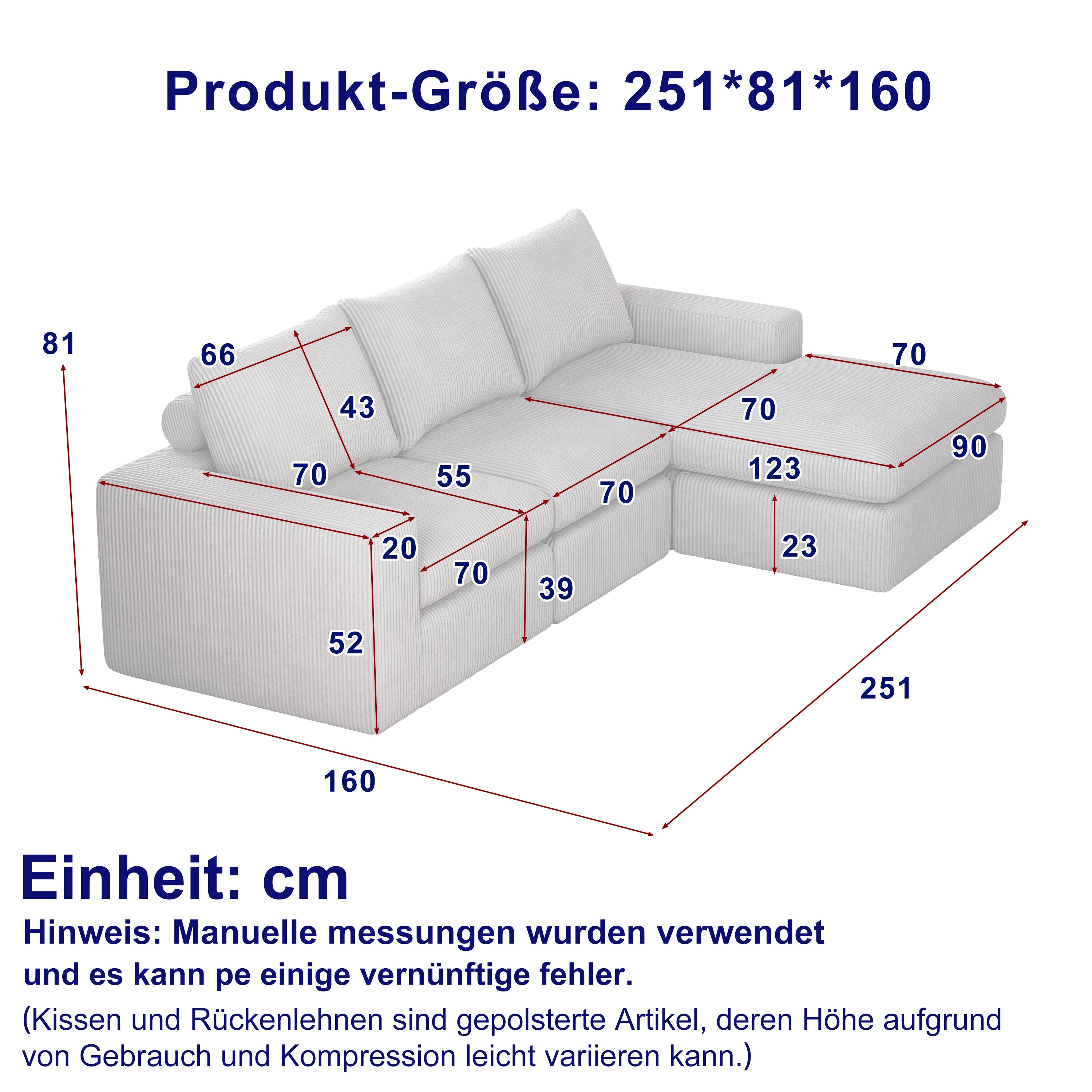 Boneless Couch L-Shaped Chaise 3 Cushions No Assembly - Corduroy