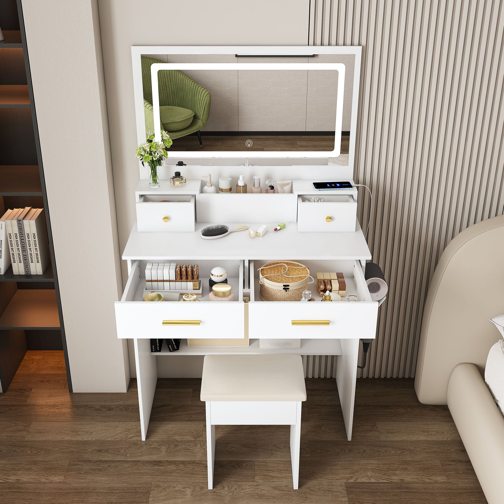 Bedroom Dressing Table, XXL Mirror, Stool, Socket, 4 Drawers, LED Light - White