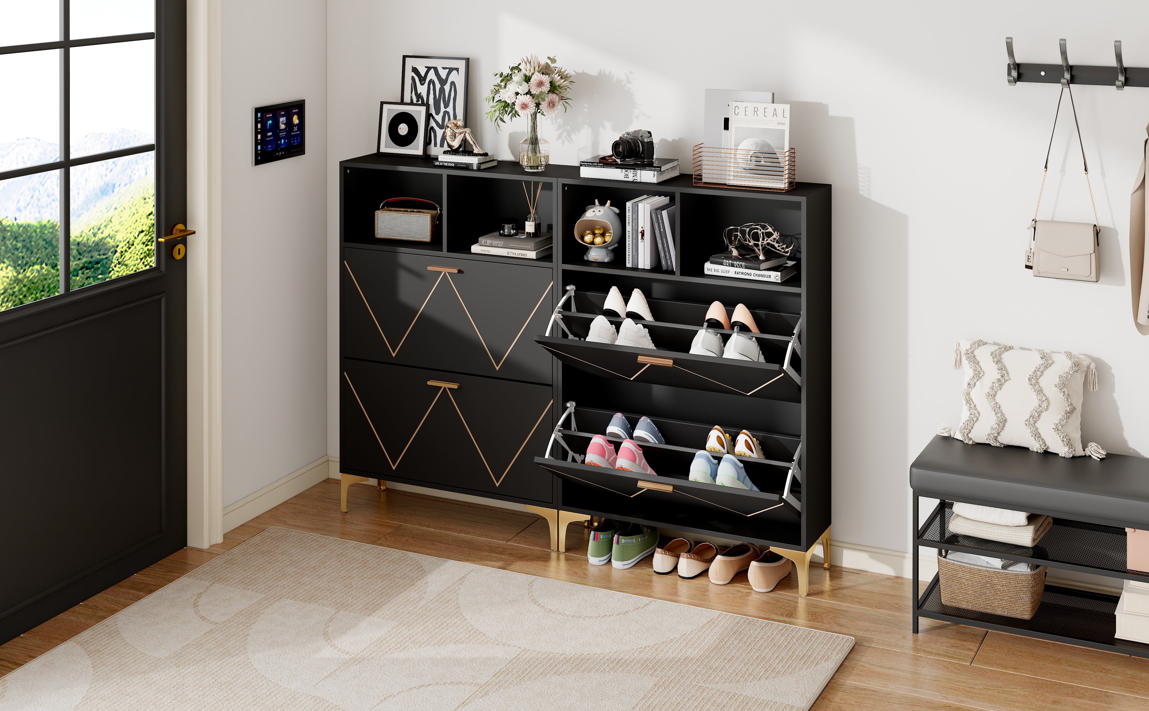 Shoe Cabinet with 4 Drop-Down Doors, 8 Compartments, 4 Semi-Open Shelves, Raised Legs, MDF + Metal