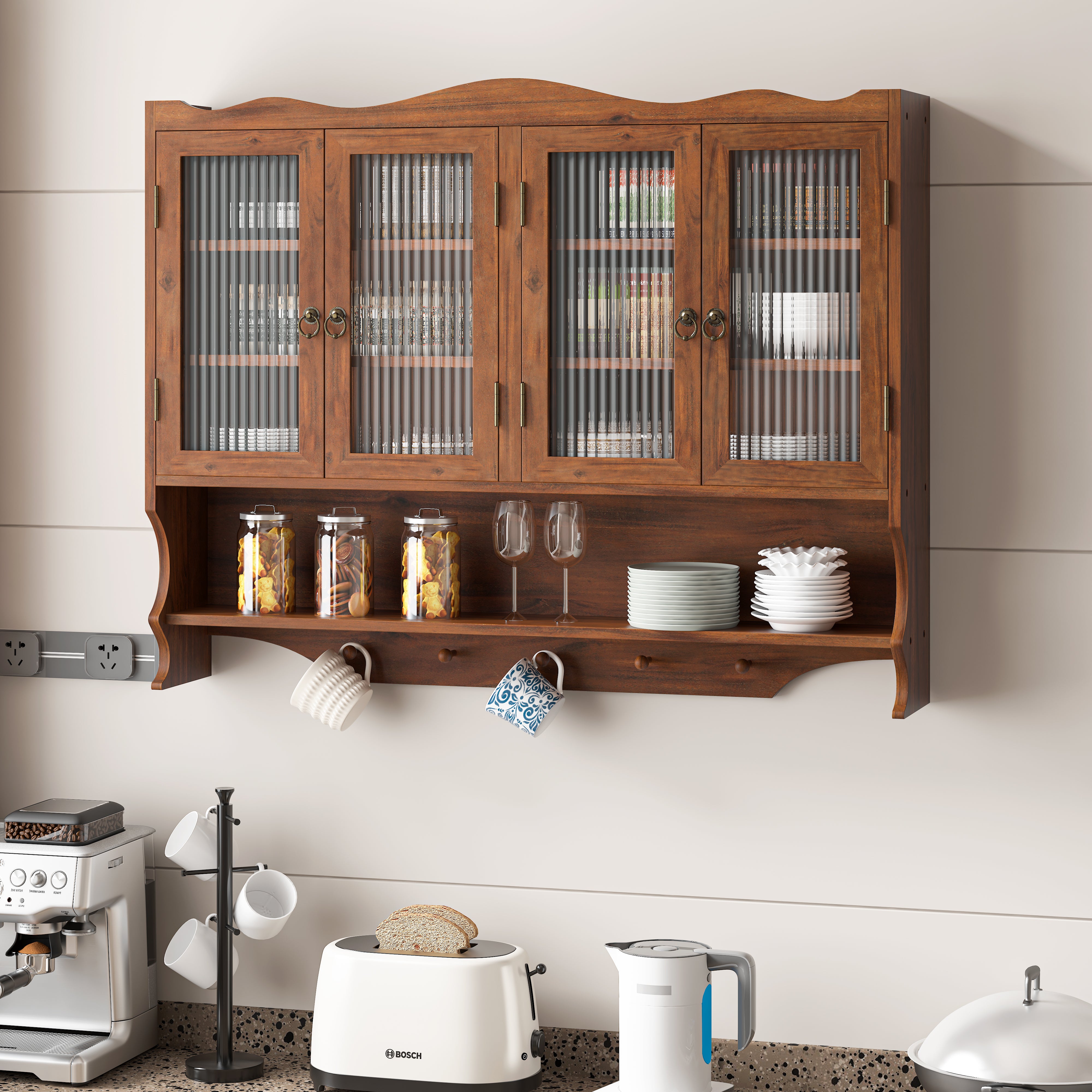 Wall-Mounted Cabinet 100CM Retro 4 Door Storage/Hook Rack Brown