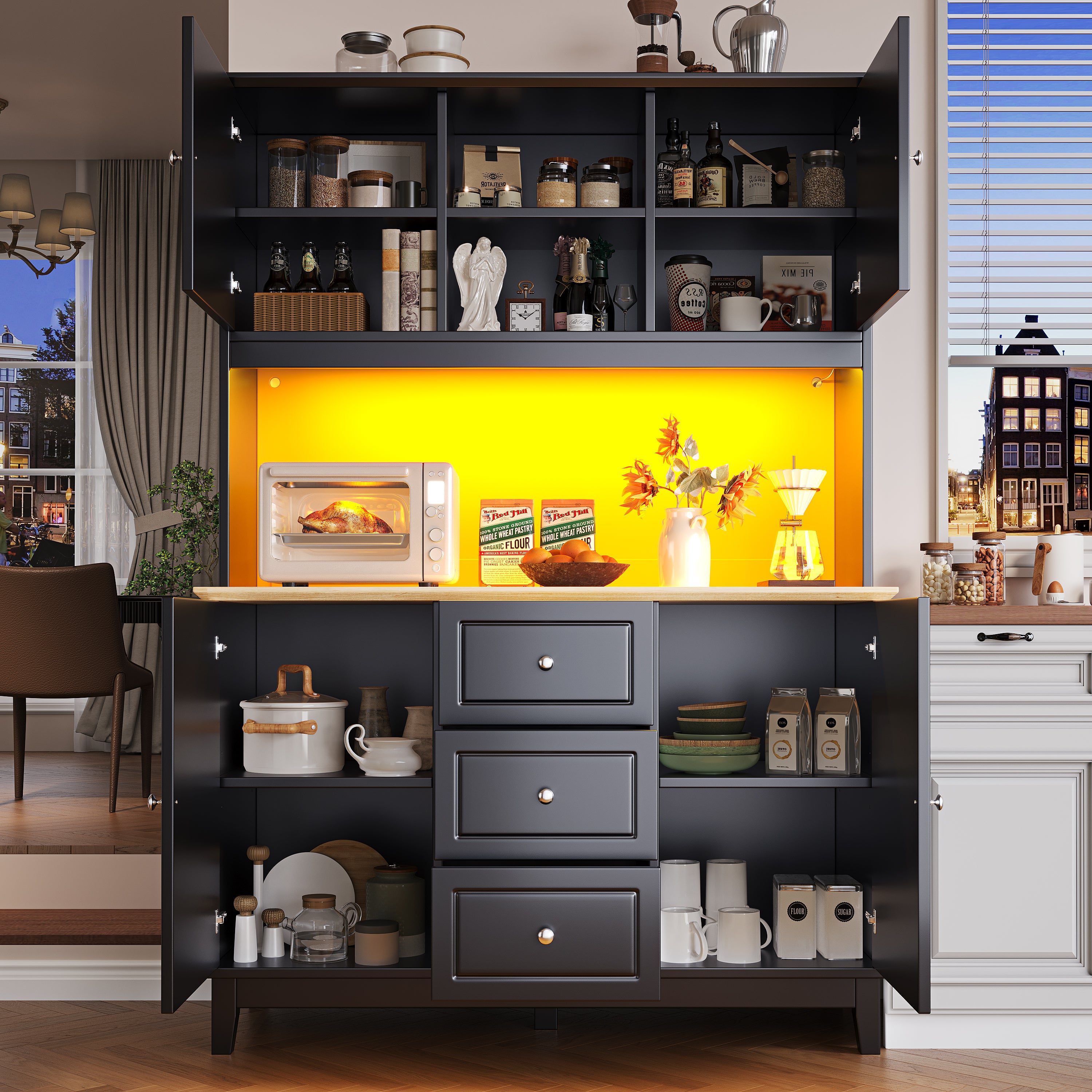 Tall Cabinet 120x40x180cm LED App Control 4 Doors 3 Drawers - Black