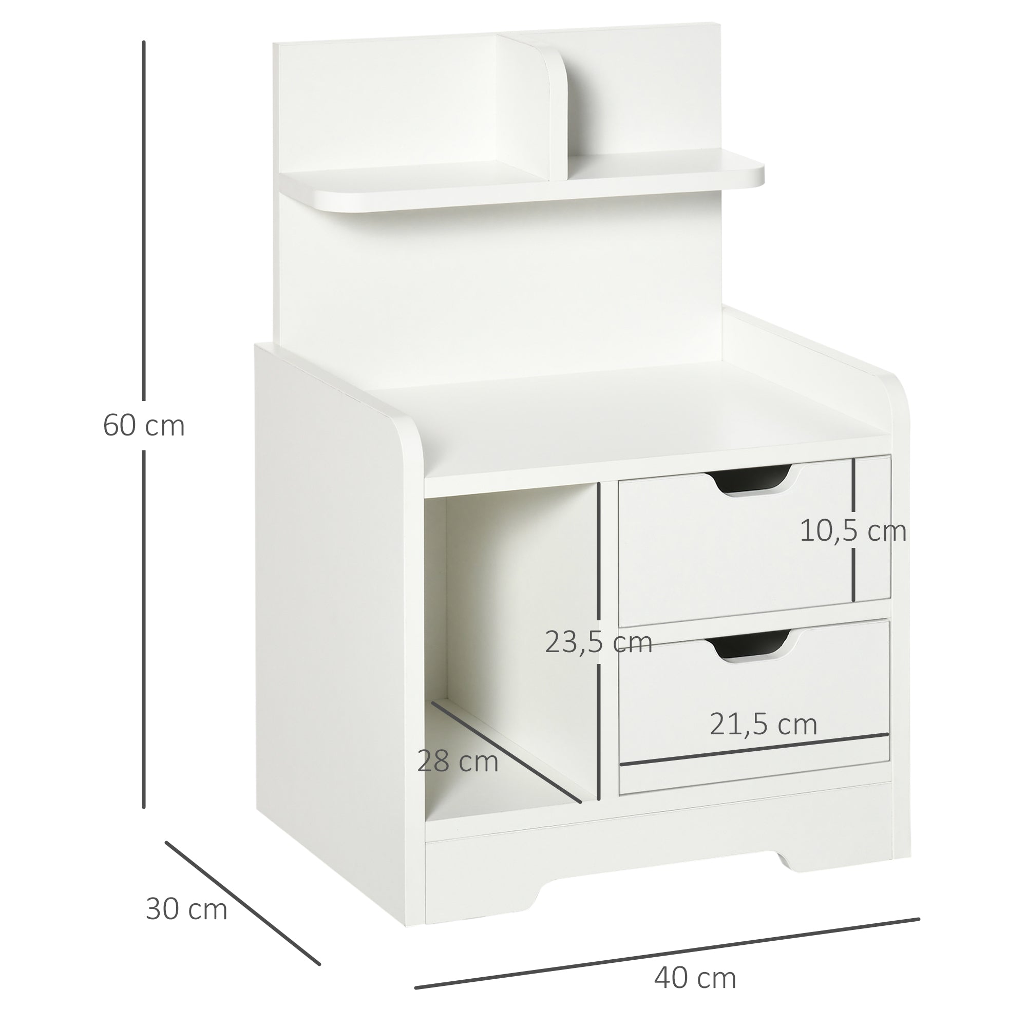 Bedside Table, Small Cabinet 2 Drawers Storage Shelves, White