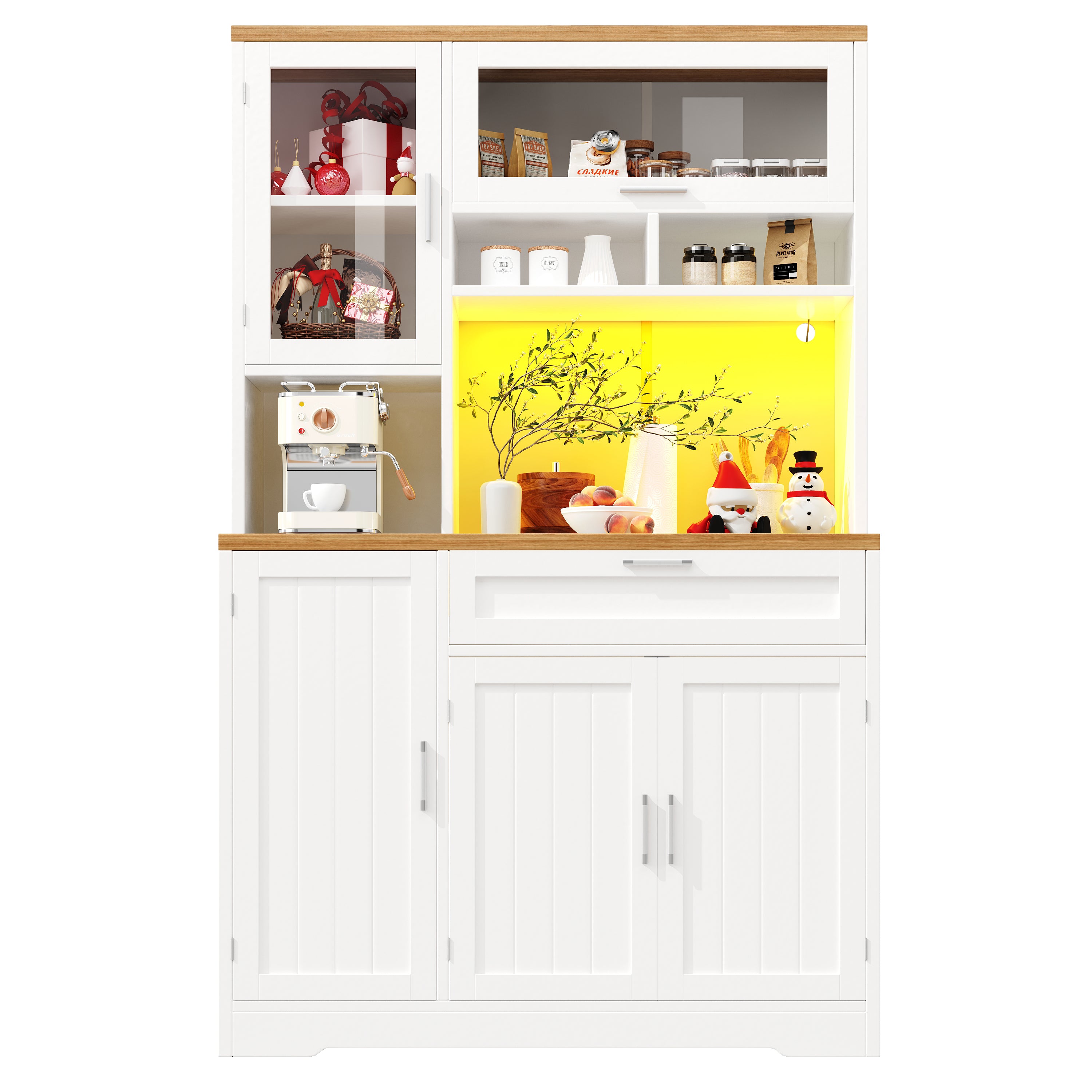 Tall Kitchen Cabinet Display Case with LED Lighting and Glass Doors, White and Black