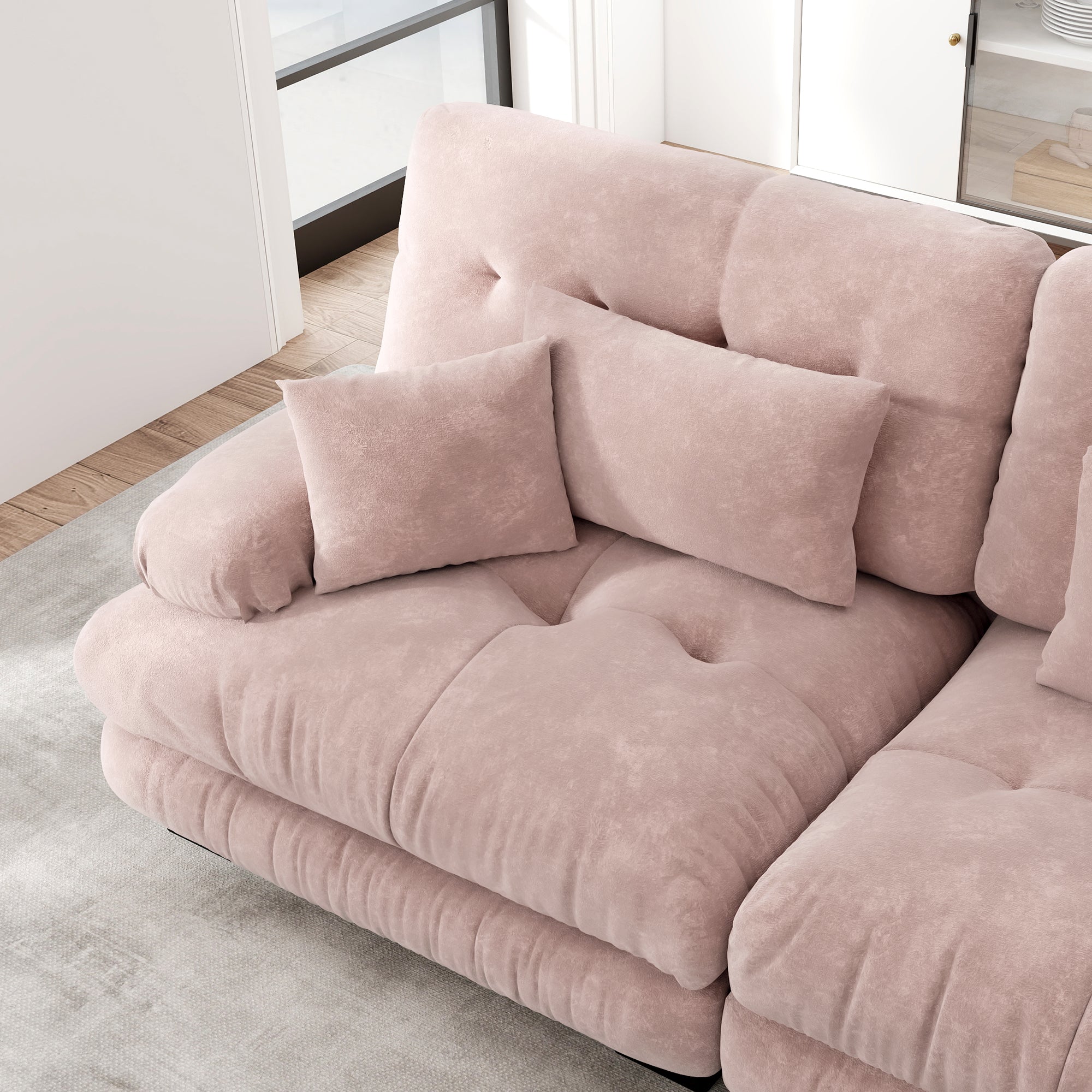 Modular Corner Sofa, U-shaped 4-Seater with Movable Ottoman, Pink Chenille