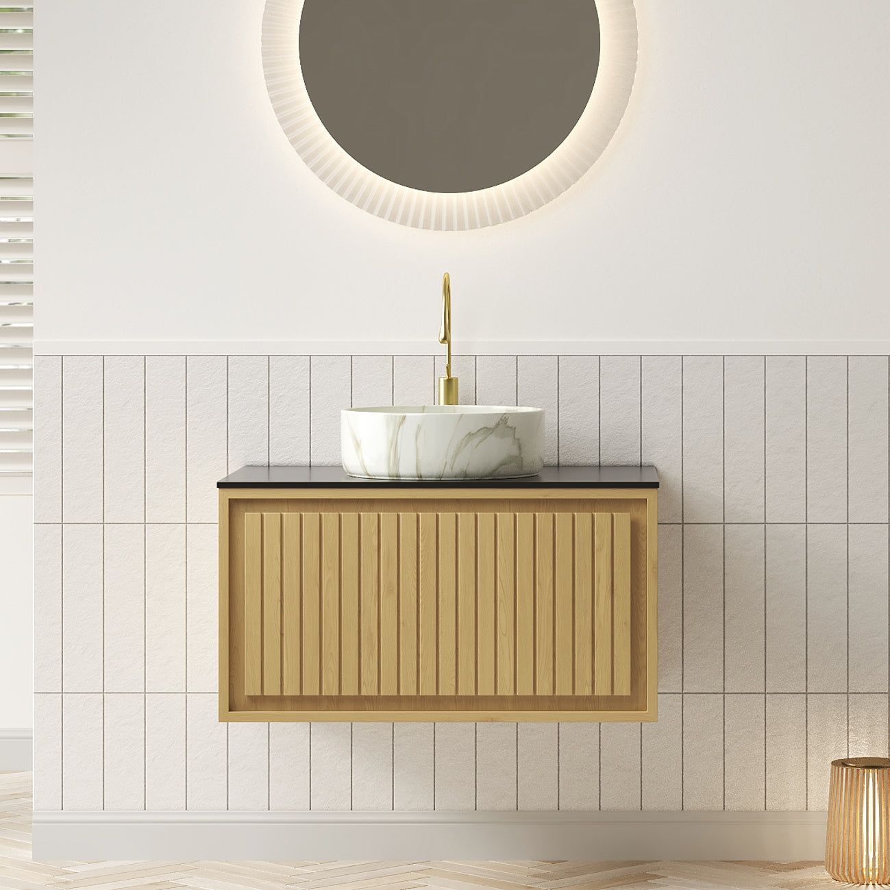 Wall-Hung Bathroom Sink with Sintered Stone Countertop and Ceramic Basin, Corolla Oak Wood Grain