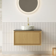 Wall-Hung Bathroom Sink with Sintered Stone Countertop and Ceramic Basin, Corolla Oak Wood Grain