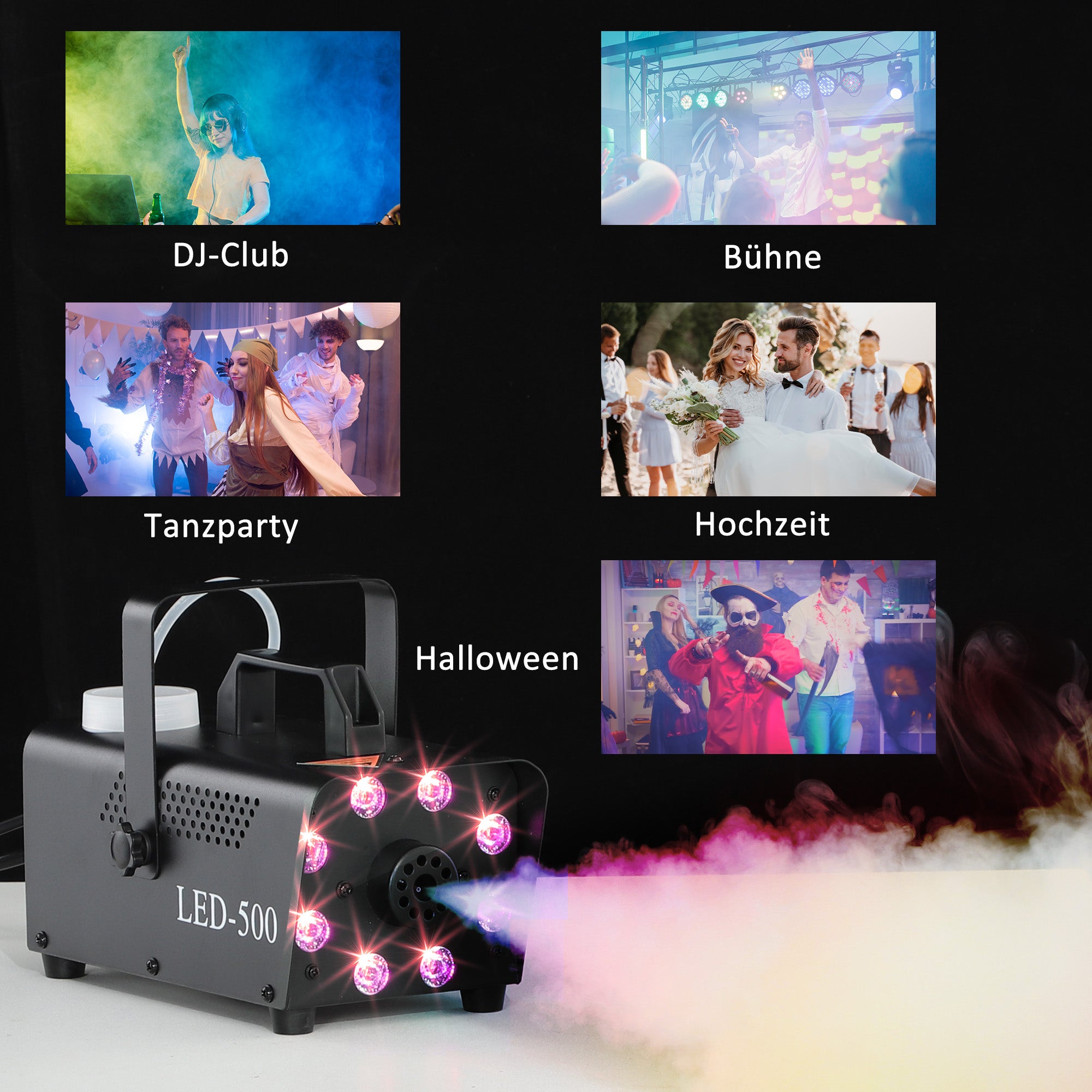 Fog machine 450W with 13 colored LED lights and RGB effect, wired and wireless remote controls
