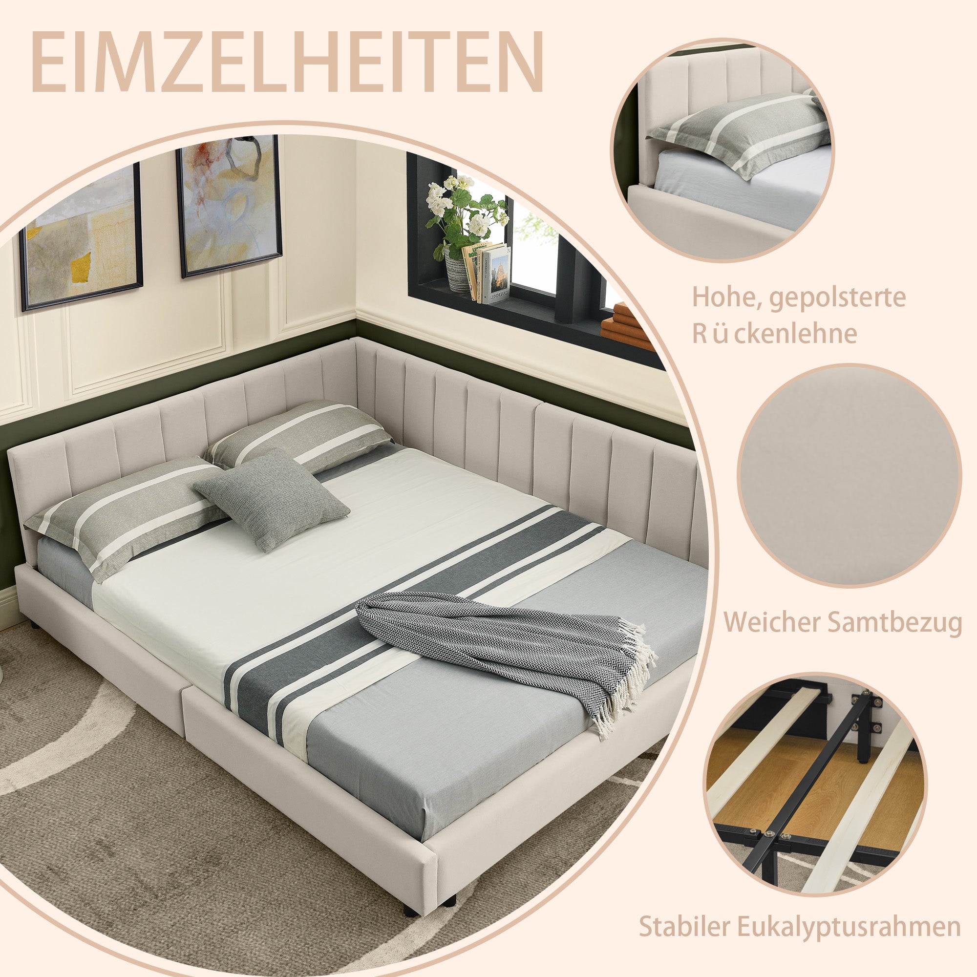 Double Bed High Backrest 160x200cm, Velvet Beige