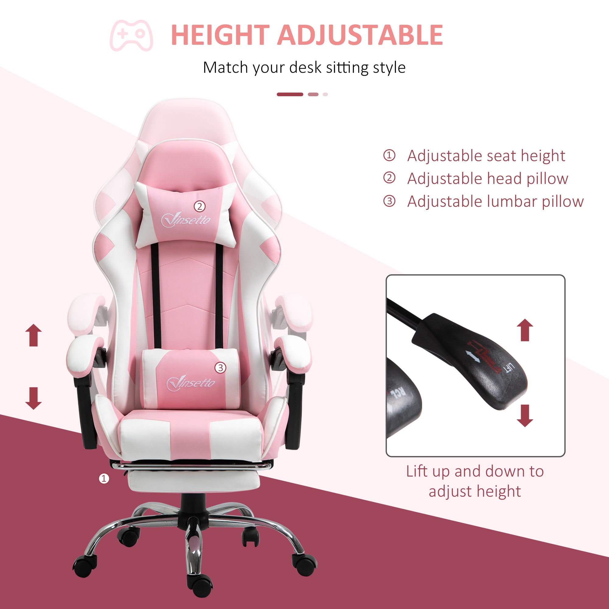 Ergonomic Gaming Chair: Reclining with Footrest, Lumbar Support, Adjustable Height - Pink PU Leather