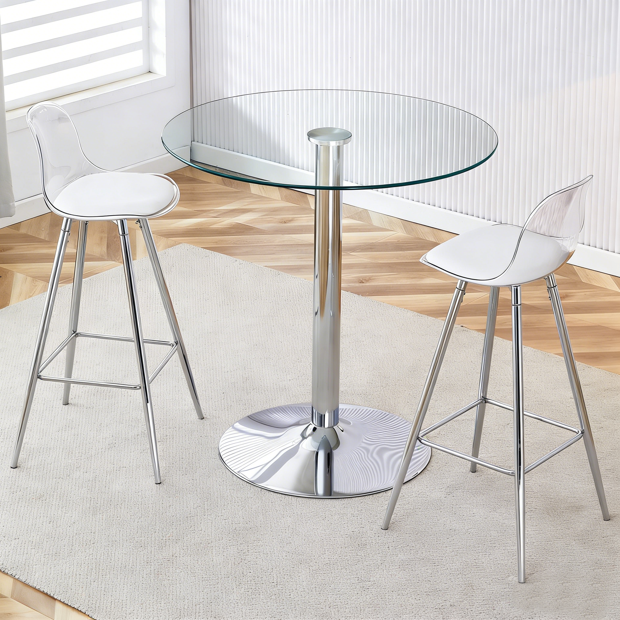 Flexible Bar Set, Round Table 89 cm, 2 Stools, Glass & Silver