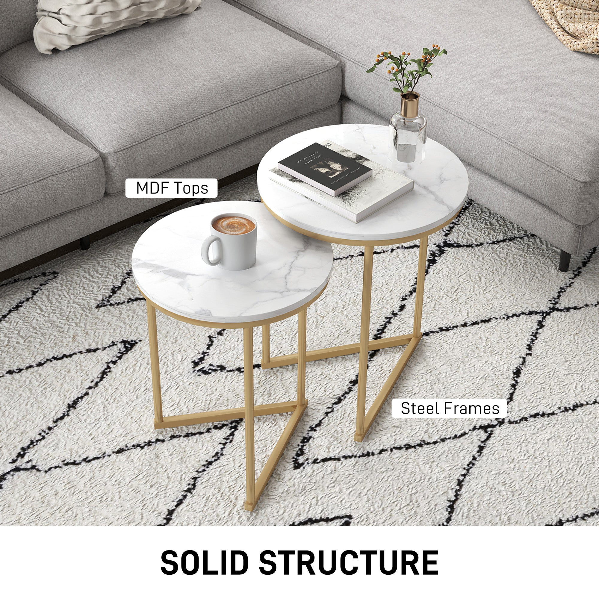 Nest of Tables, Set of Two Marble-Effect, White/Gold-Tone