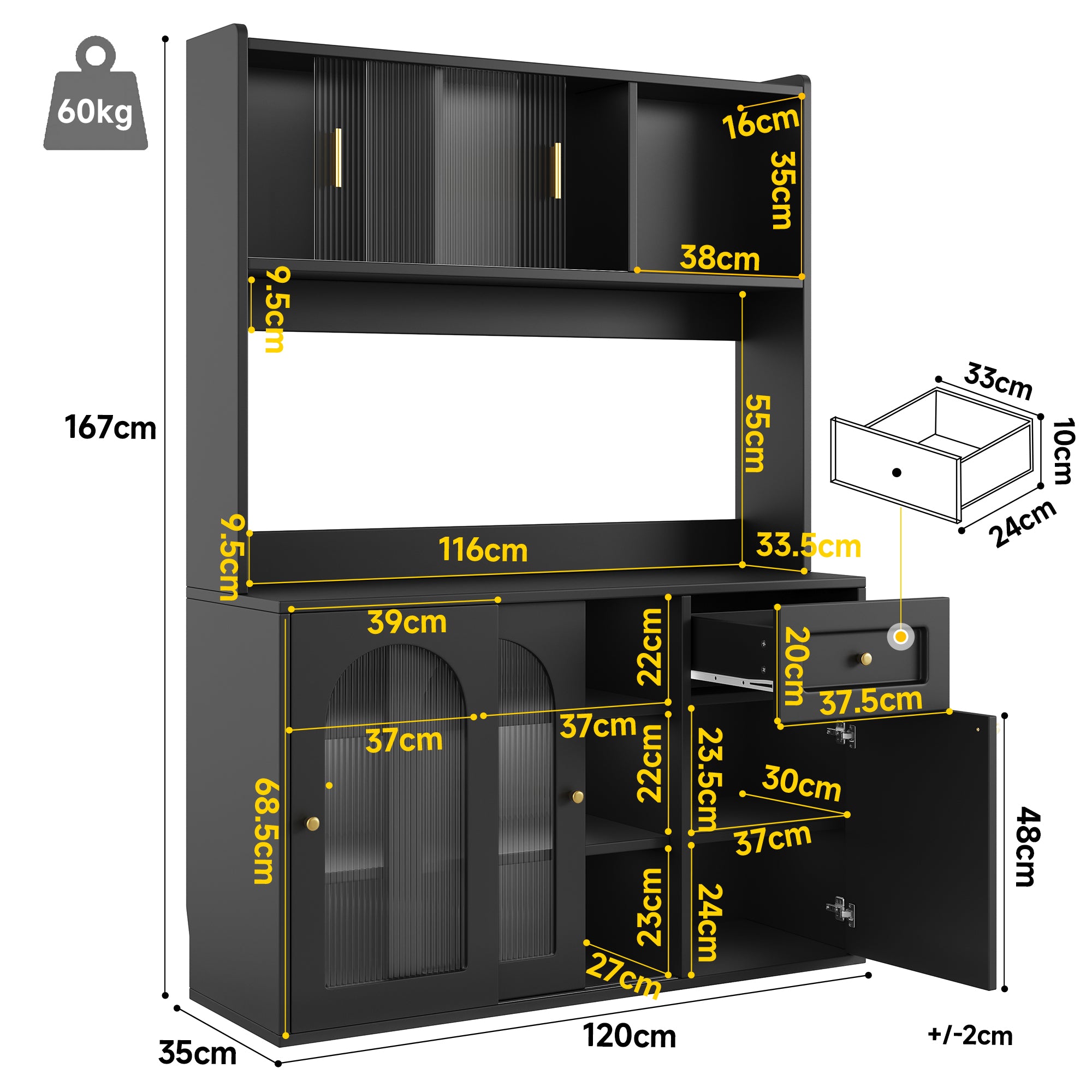 Tall Cabinet Buffet Display with Adjustable Shelves LED Lighting Black