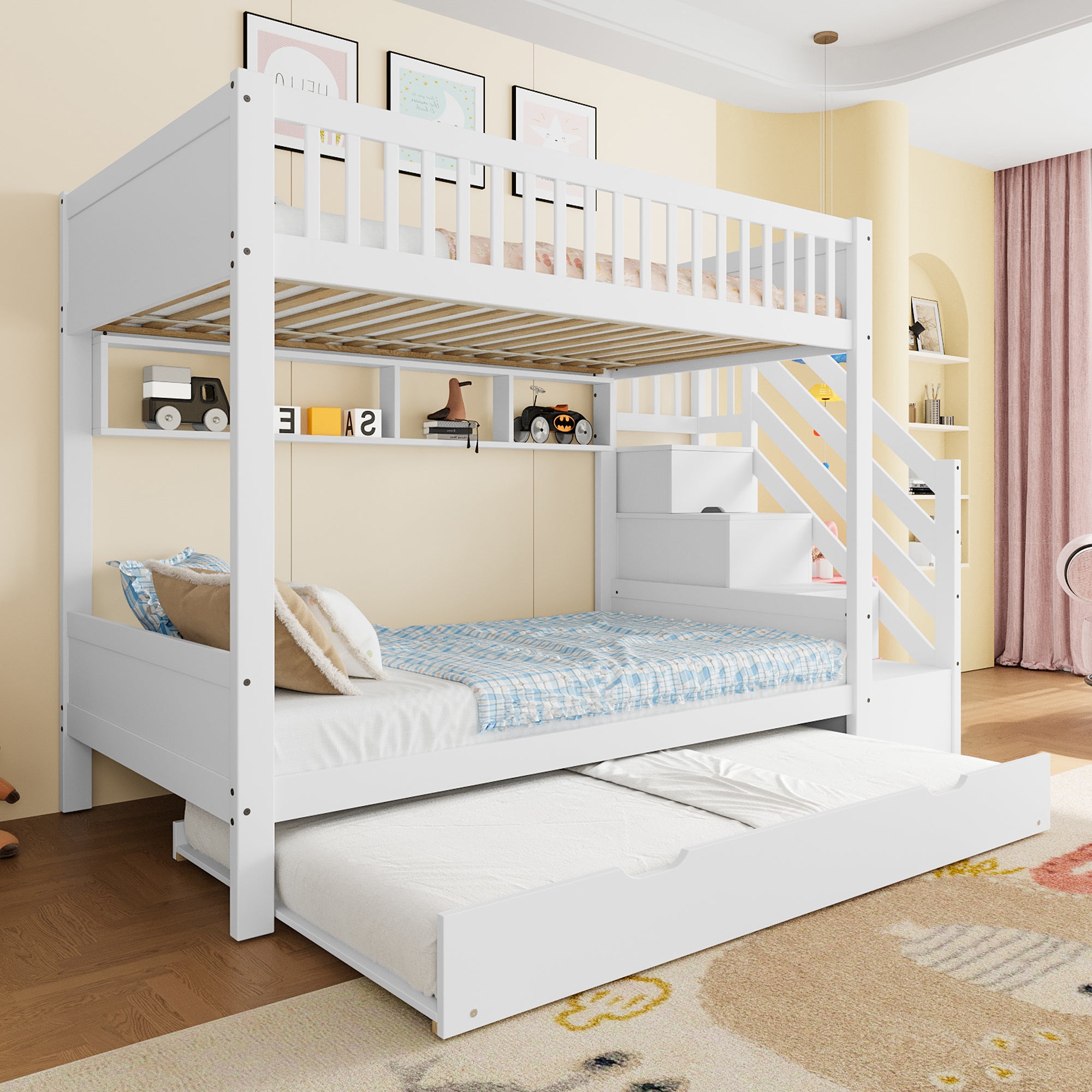 Bunk Bed 90x200cm Pull-out Bed with Shelf, Wardrobe & Storage - White