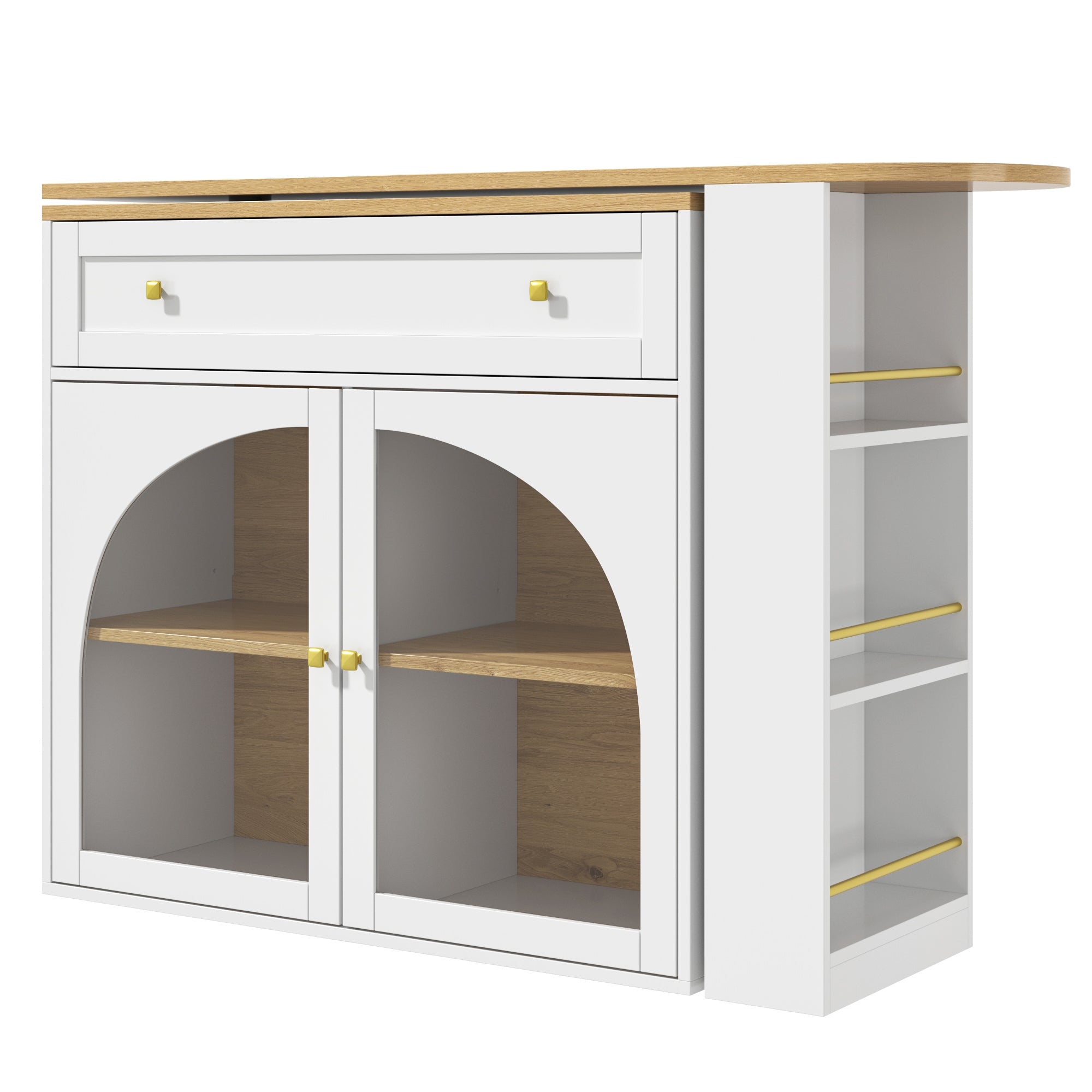 Bar Table Extendable 360° Rotating Storage with Shelves & Glass - White