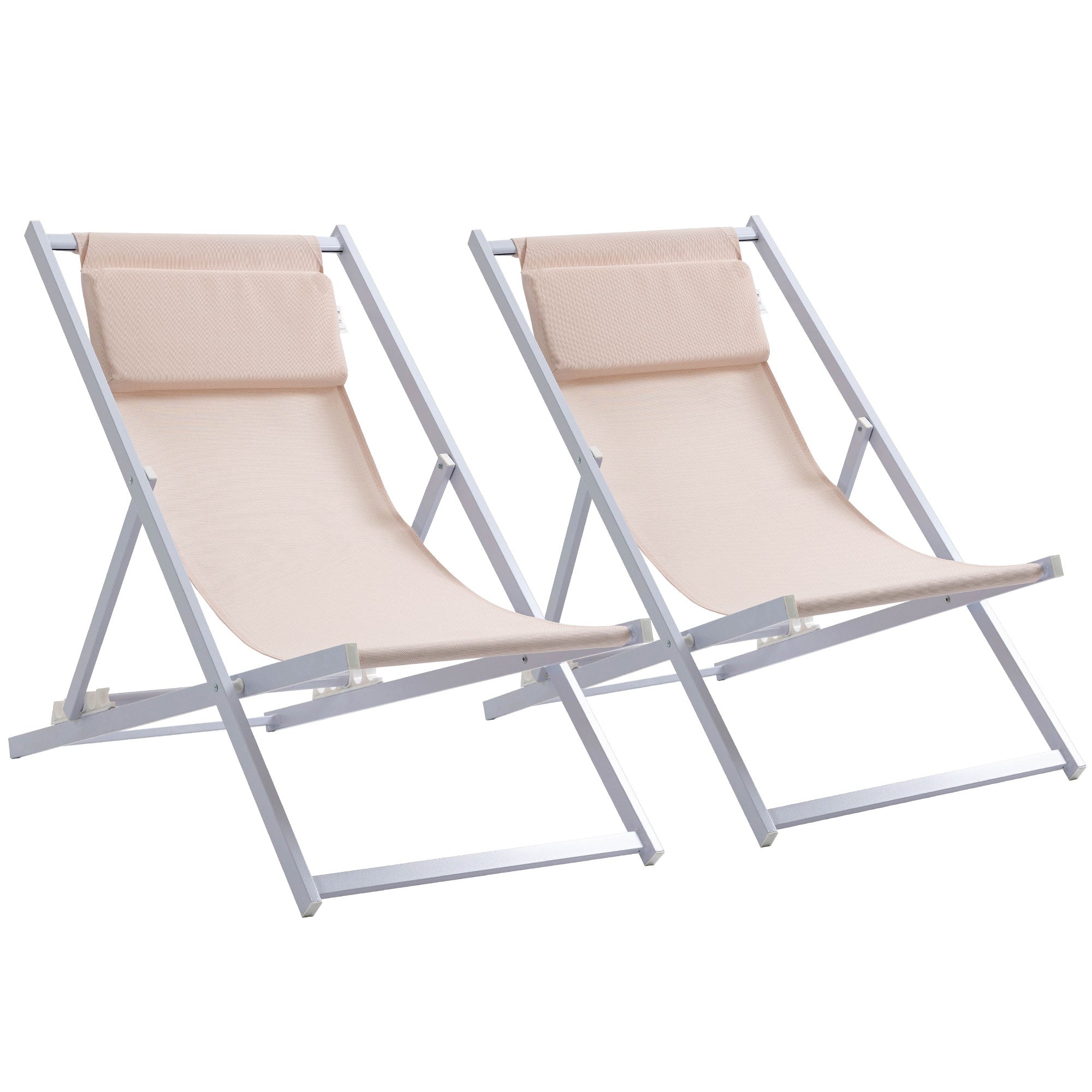Set of 2 Folding Deck Chairs, Aluminum Frame Lounger, Beige