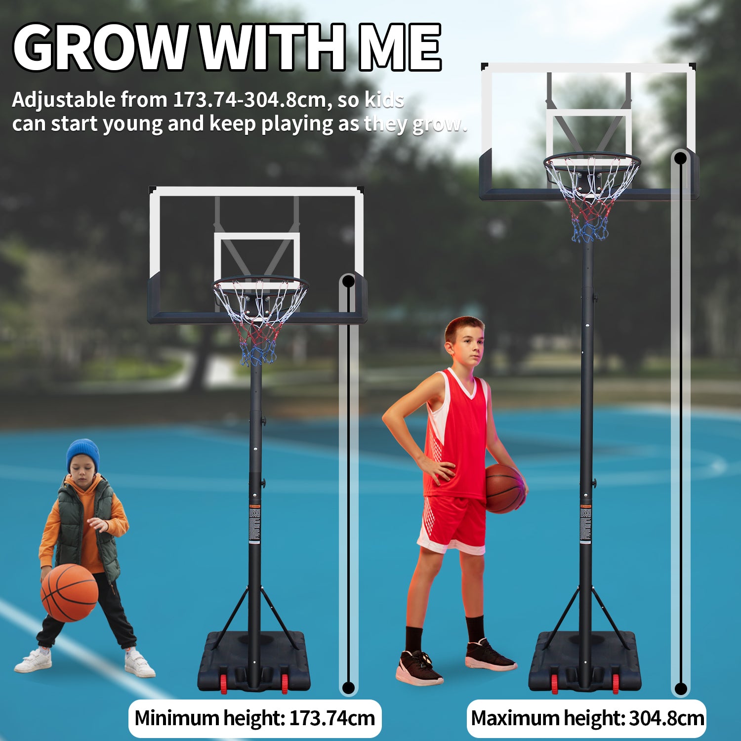 Outdoor Basketball Hoop with Height Adjustment and Rust-Proof Coating, White Silk-Screen Design