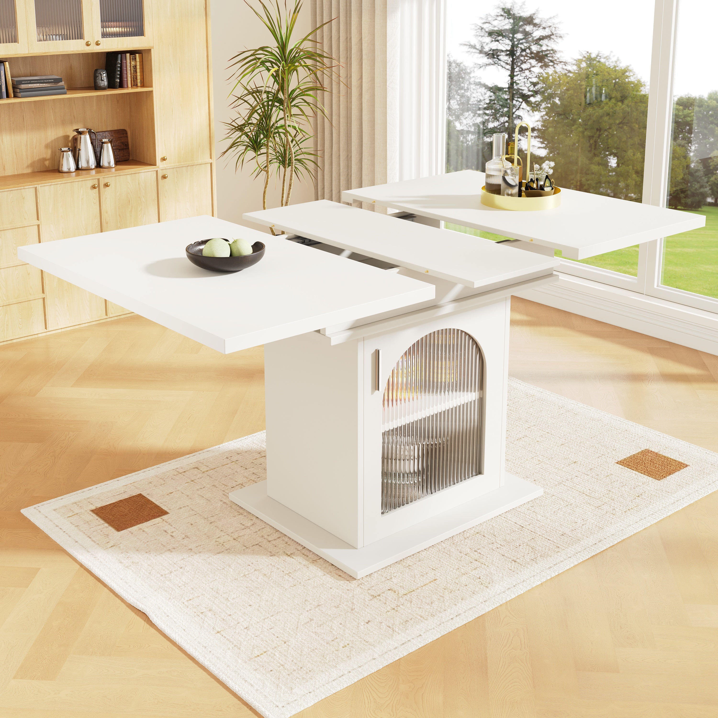 Dining Table, Telescopic Extendable with Storage Levels, White