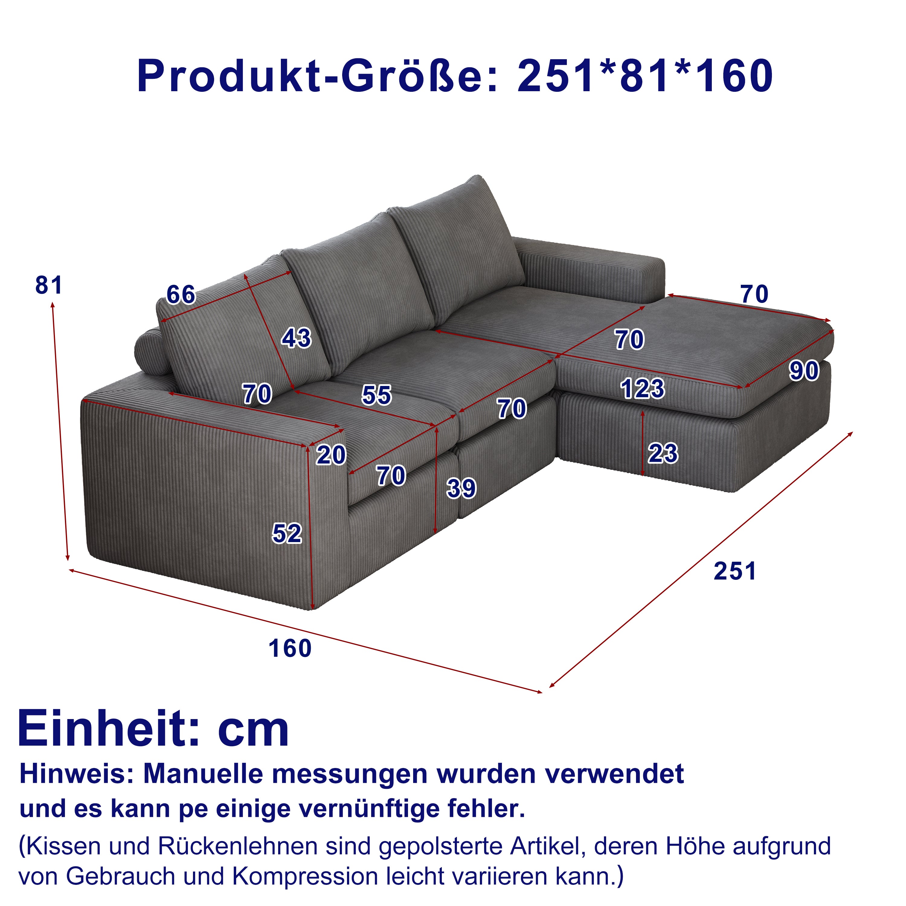 Boneless Couch with Chaise, L-shaped Modern Upholstered Corduroy