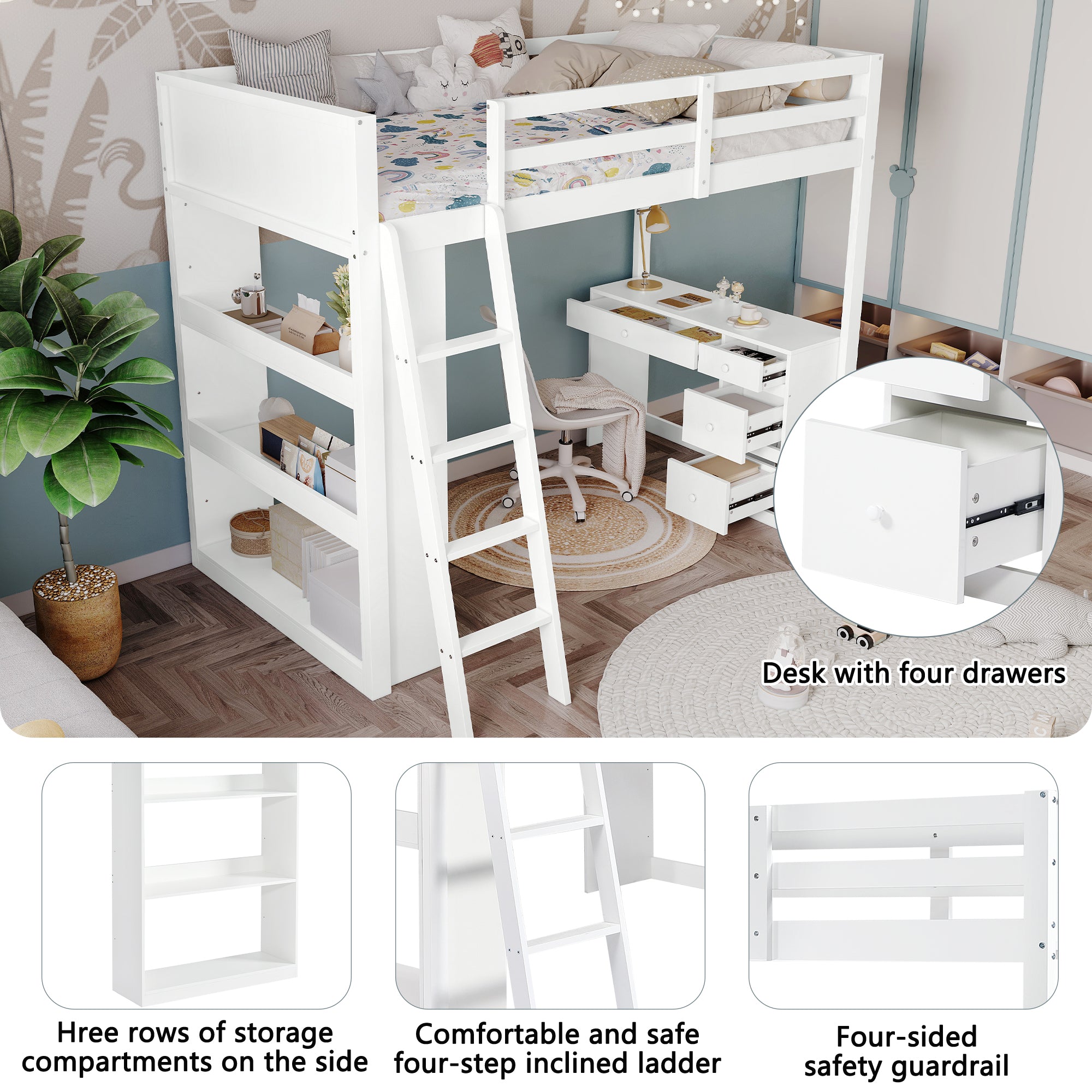 Wooden Bed with 4-Step Ladder, Desk & Drawers, 3FT 90x190cm, White