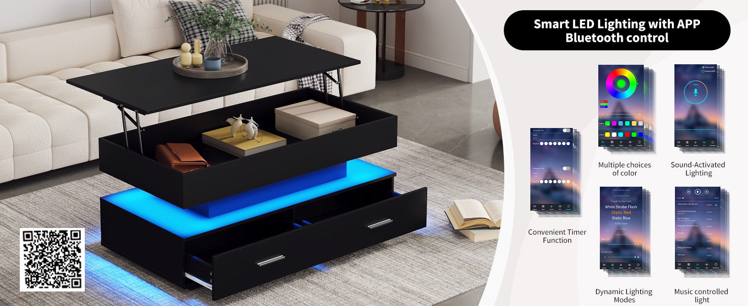 Coffee Table, Hydraulic Height-Adjustable with LED & Bluetooth, 2 Drawers, Black
