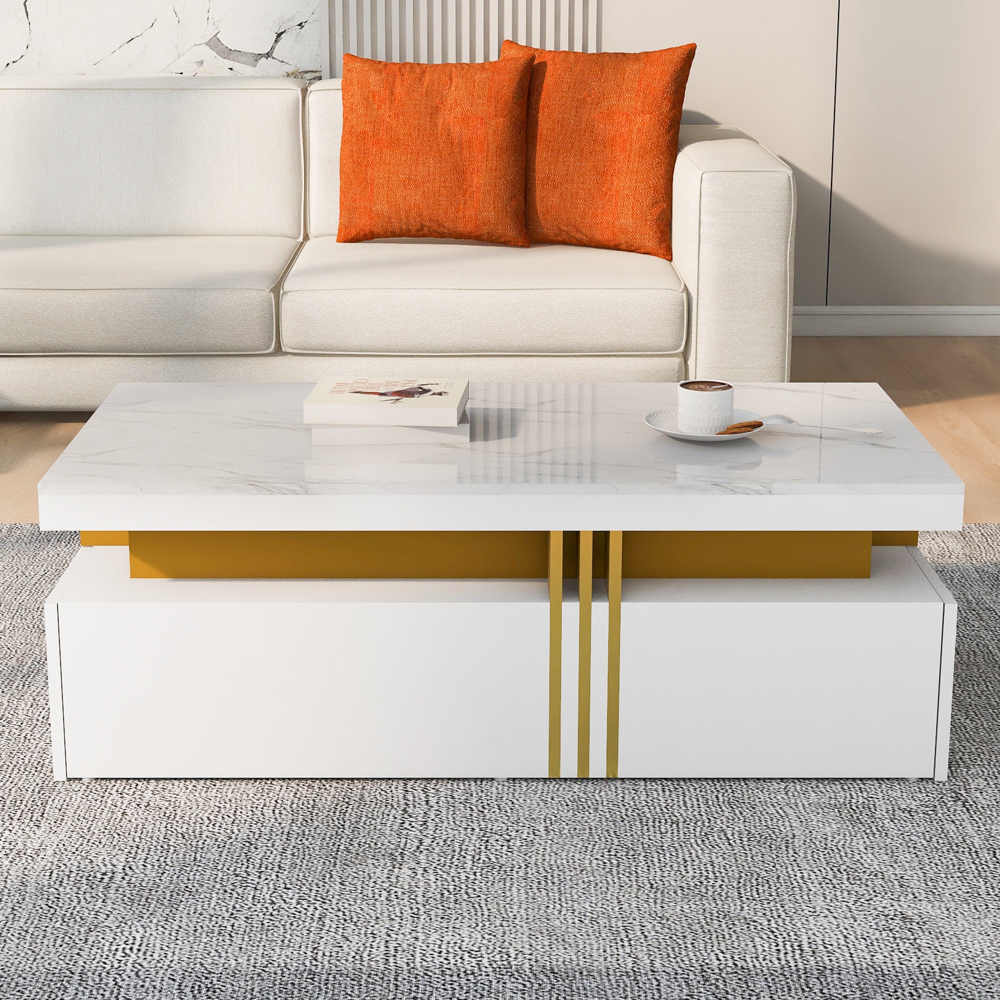 Modern rectangular coffee table with high gloss top and 2 wooden drawers, marble tabletop