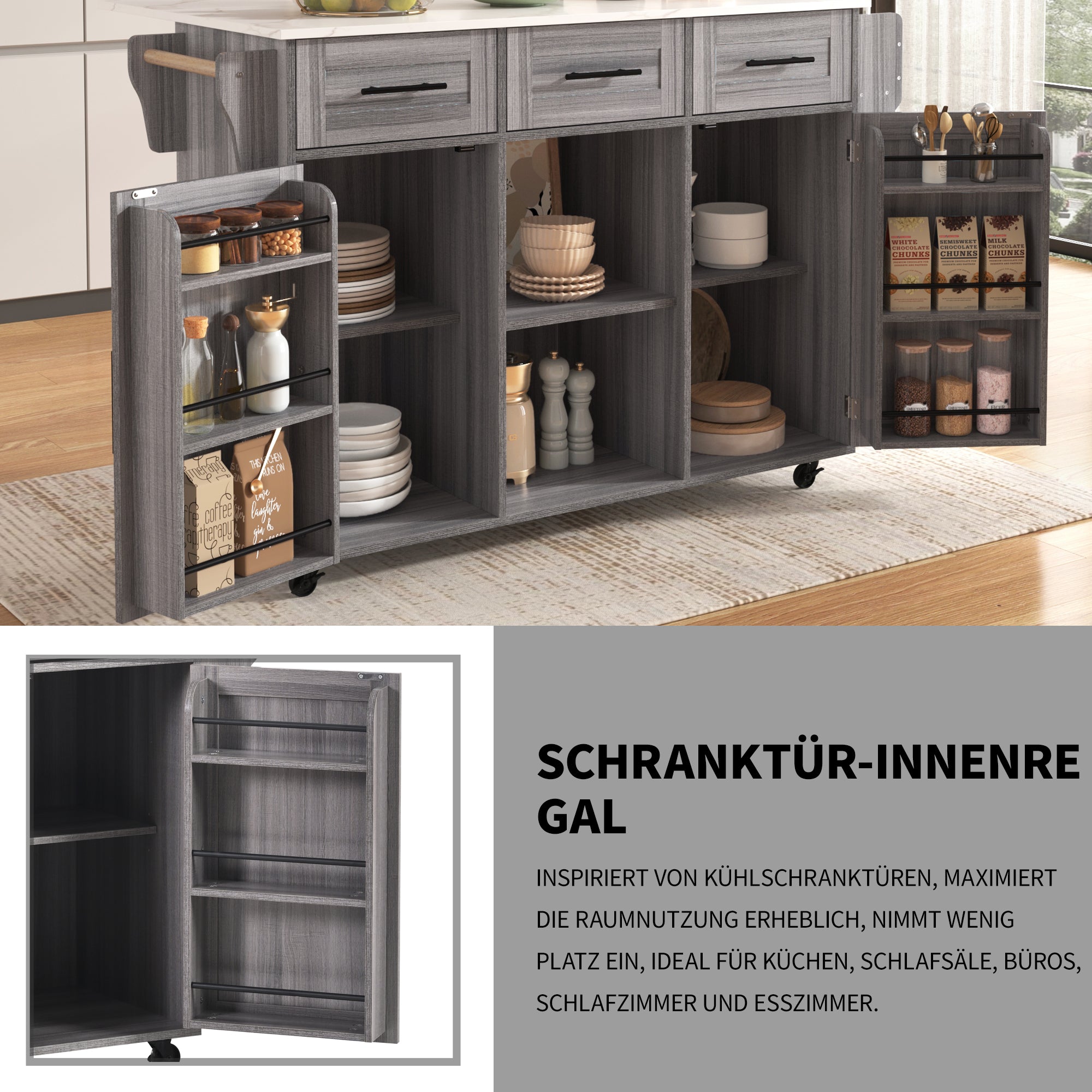 Serving Trolley Side Cabinet 139cm Folding Worktop Storage Doors Grey/White Veneer