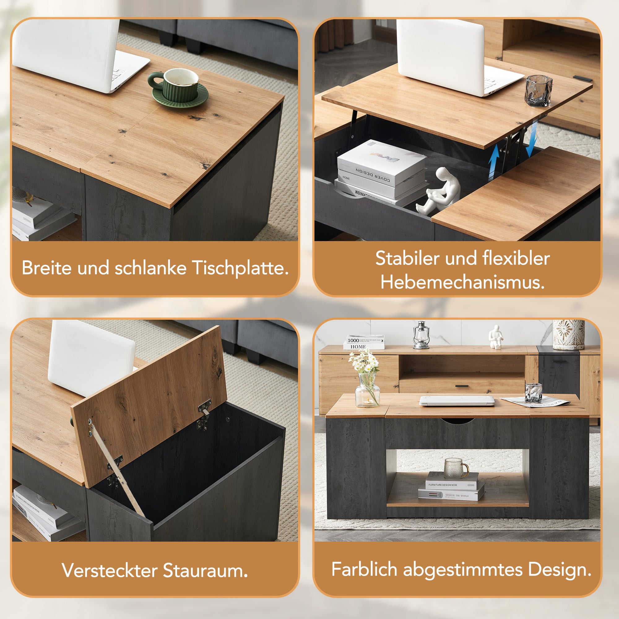 Coffee Table with Lift Function & Storage 109.5cm - Grey Frame