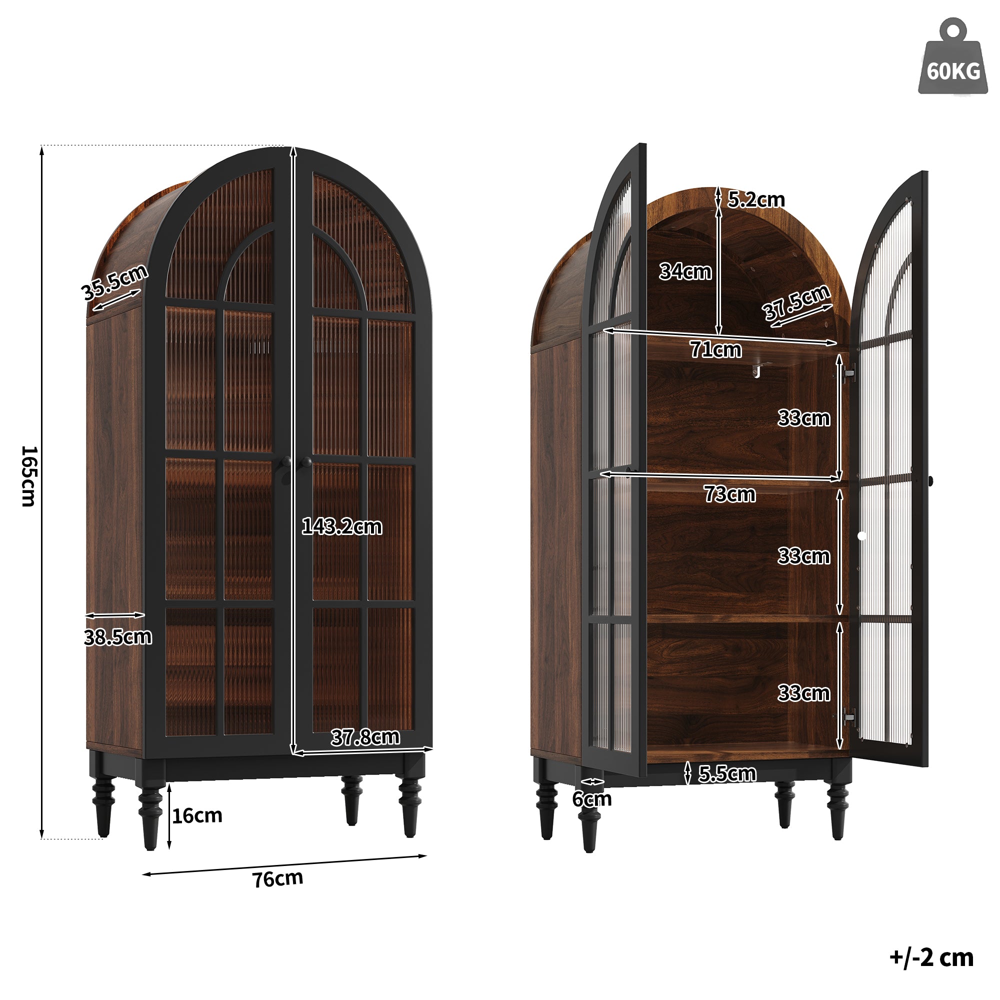 Tall Arched Storage Cabinet with Glass Doors and Wood Grain Finish