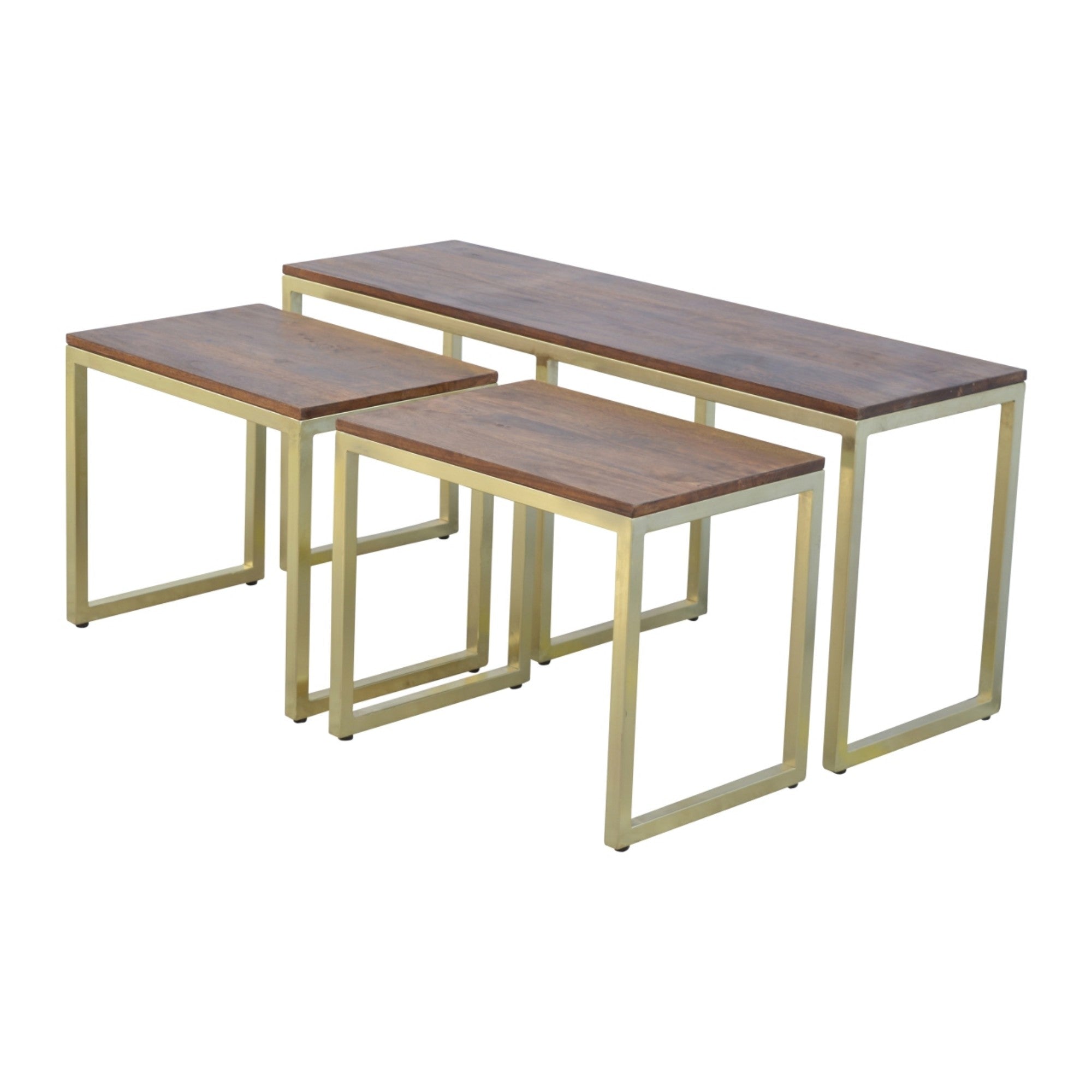 Solid Wood Table Set of 3, Metal Chunky Gold, Solid Wood