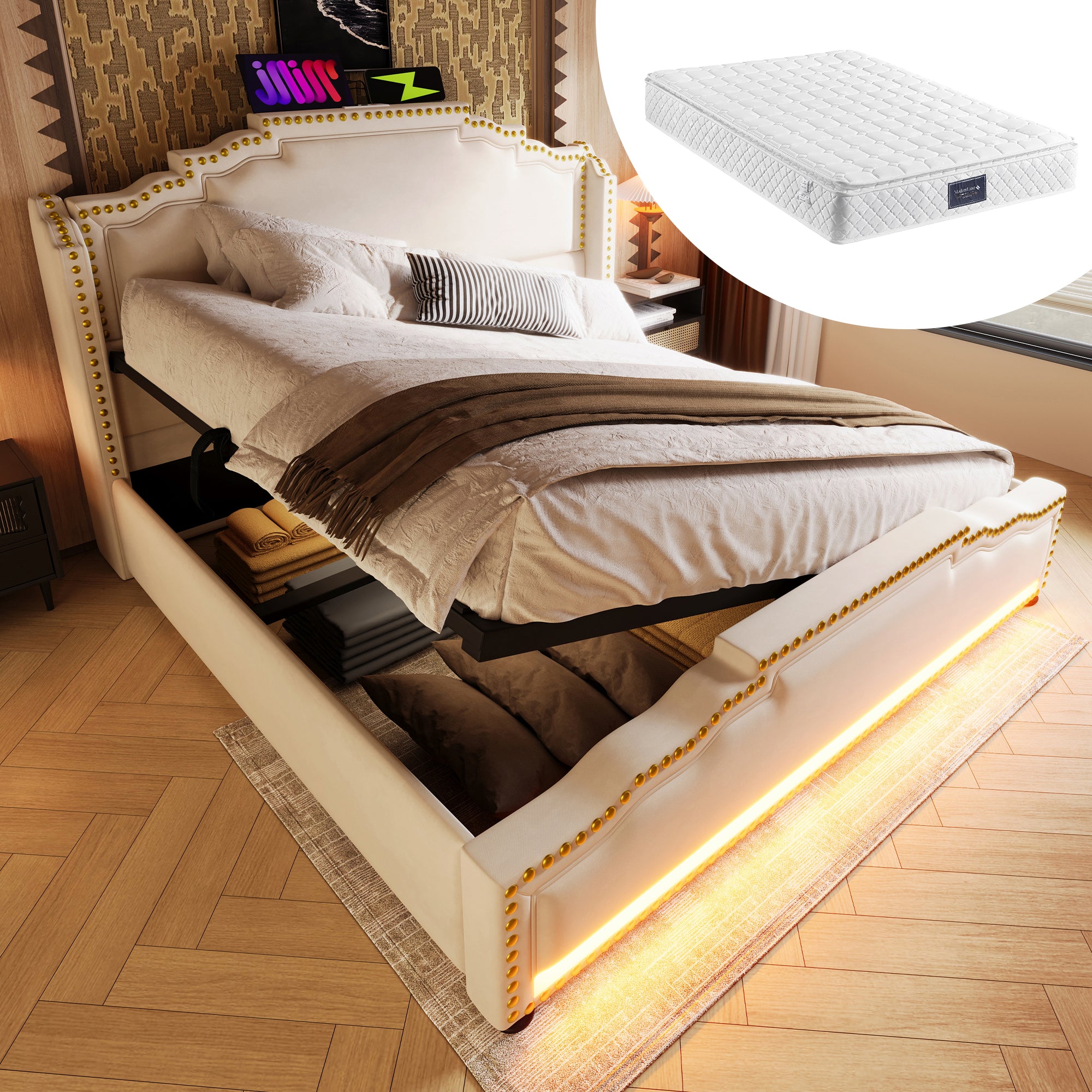 Upholstered Bed 160x200, Hydraulic Storage, LED, USB-C, Velvet Beige