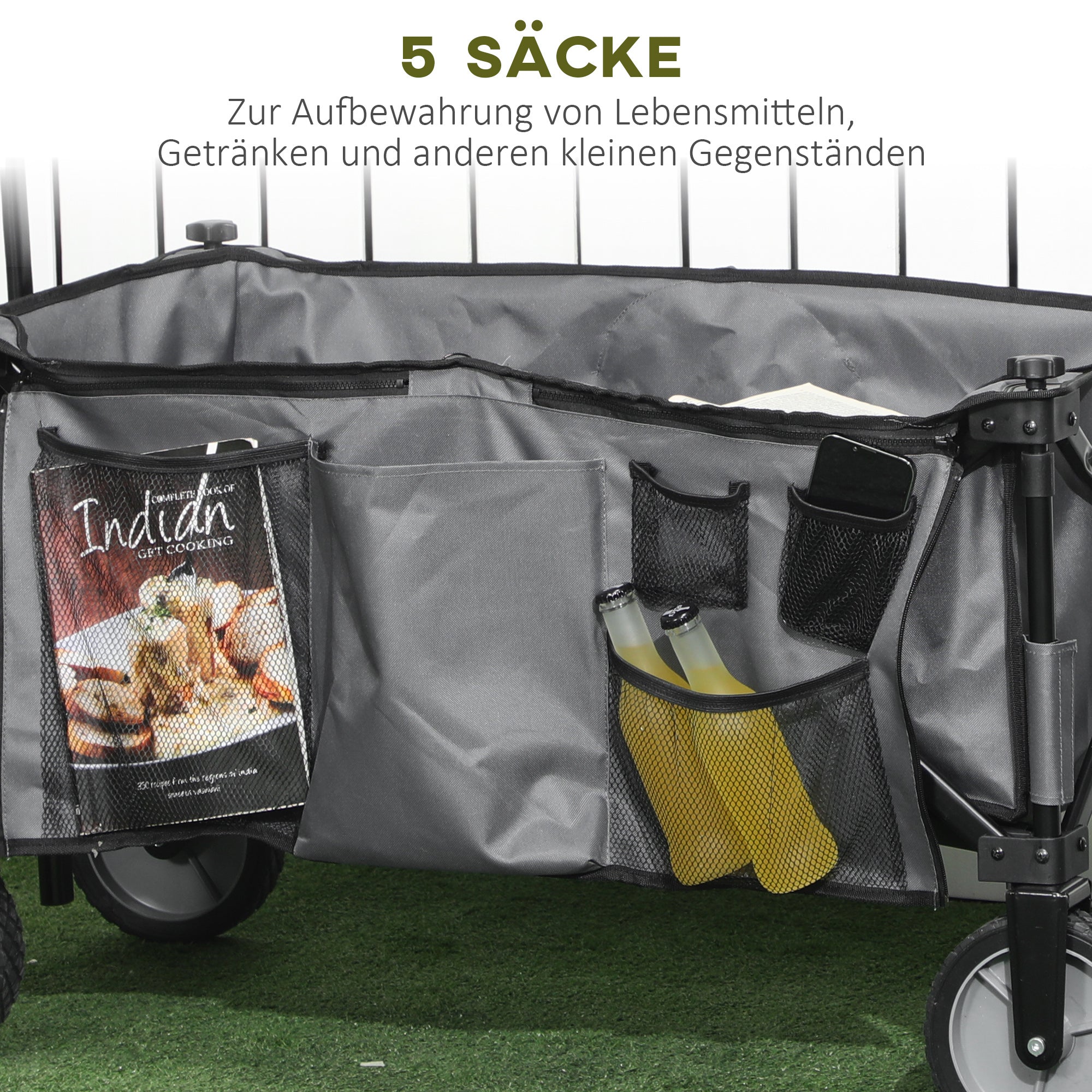 Folding Handcart, 120 kg Load, Adjustable Handle, Side Pockets & Folding Board, Dark Grey