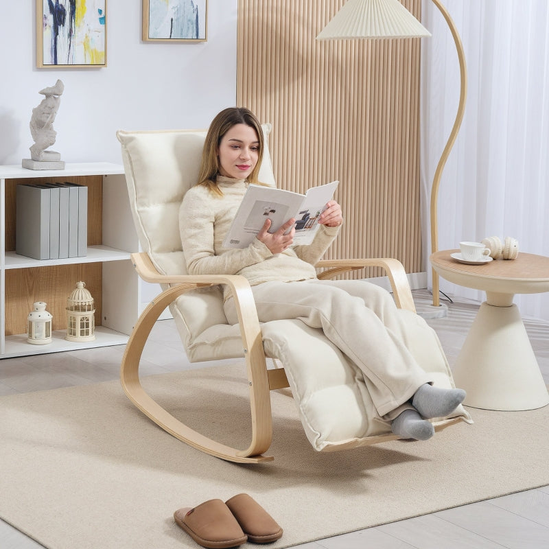 Rocking Chair with Backrest & Footrest, Relaxing Reading, Linen Look Cream White