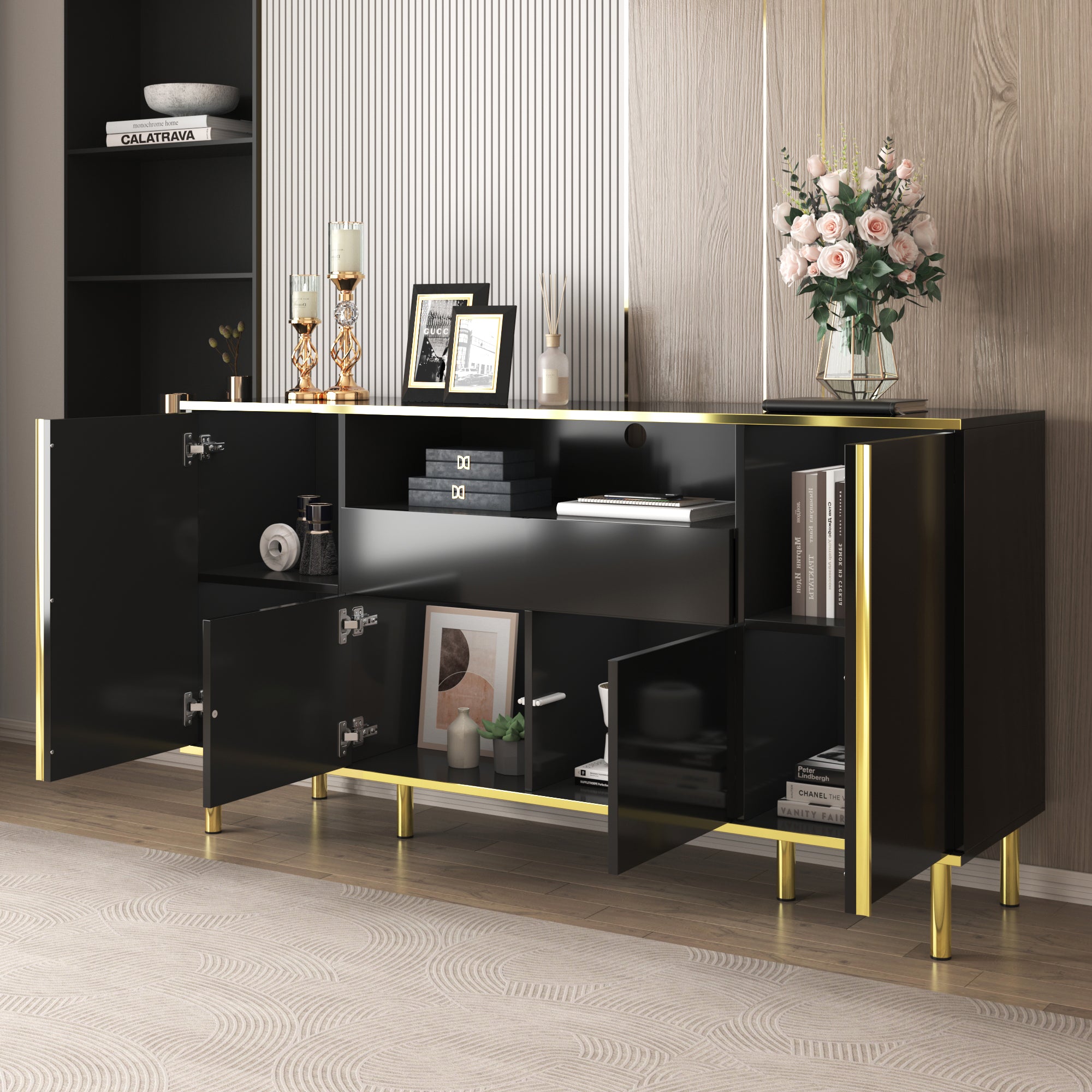 Sideboard, High-Gloss with 1 Drawer, Black