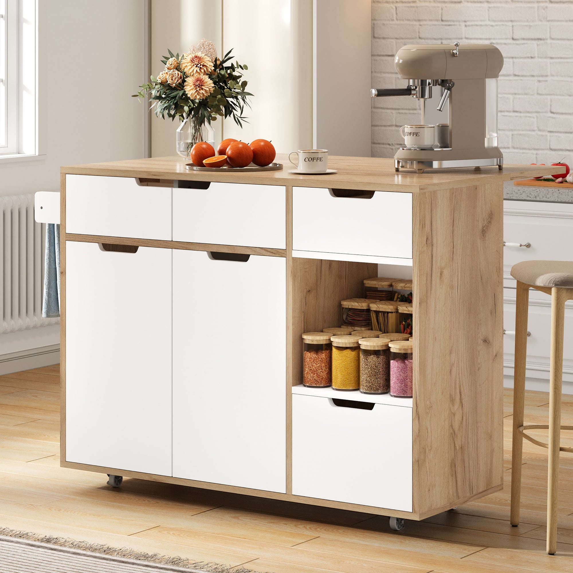 Modern Serving Trolley with 360° Swivel Casters and Storage, White and Wood