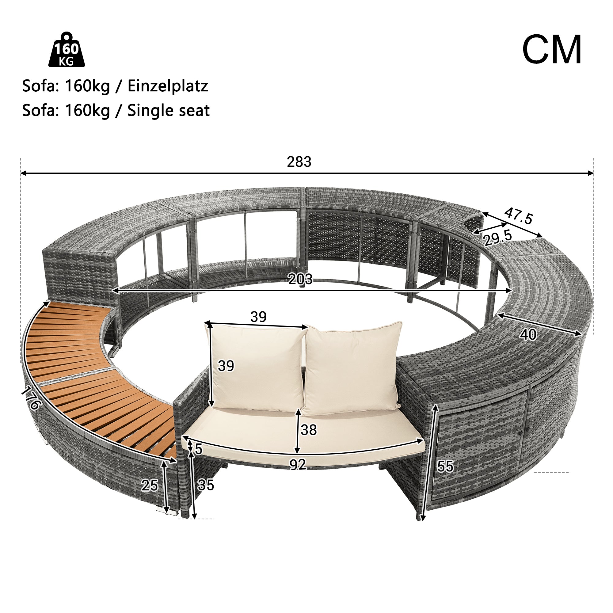 Garden Lounge Set with Round Couch, Adjustable Feet, Cushions