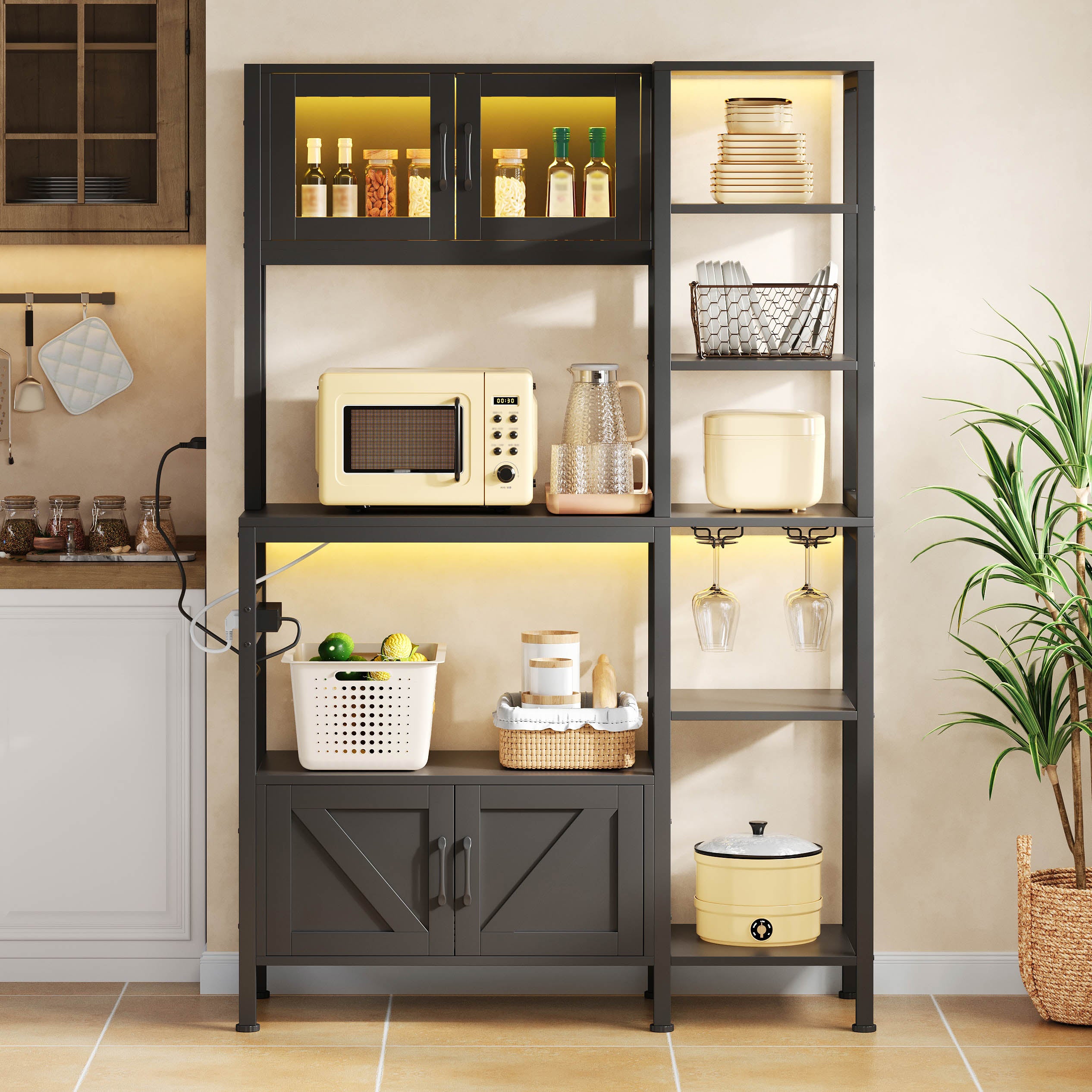 Kitchen Baker's Rack with Power Outlet and LED Lights, Microwave Shelf and Wine Glass Holder, Particle Board and Stainless Steel