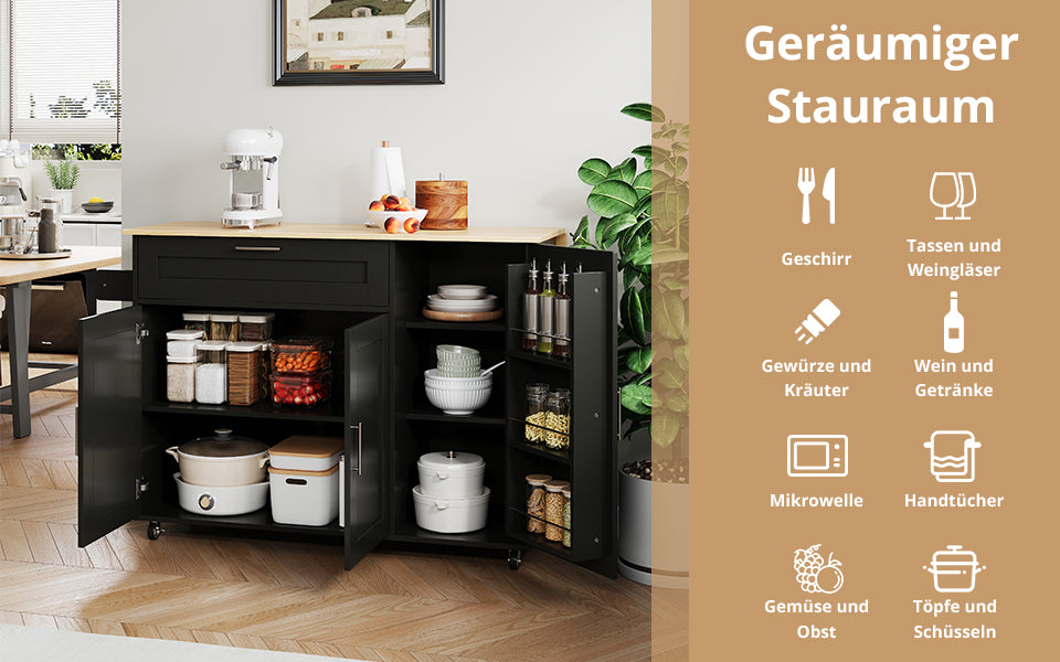 Mobile Kitchen Table Folding Worktop Cabinet Spice Rack 5 Casters - Oak Grain