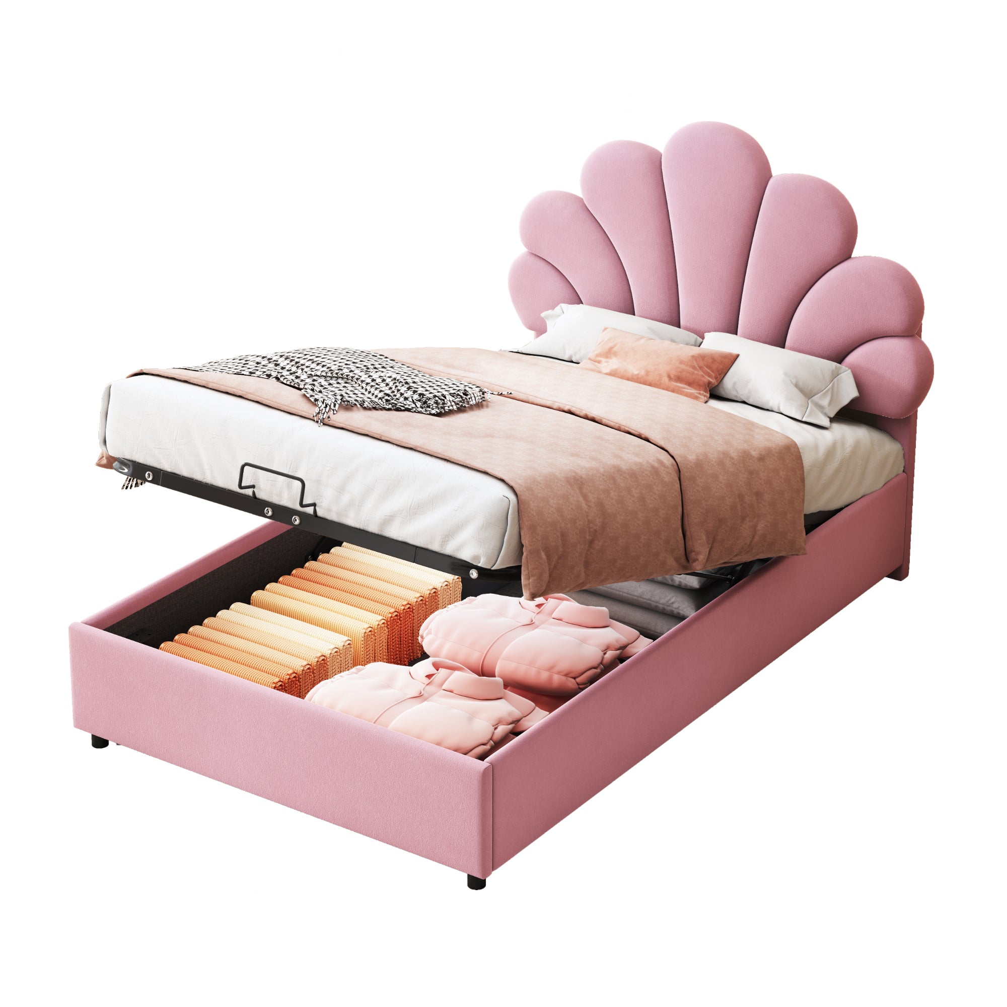 Upholstered Children's Bed 90 x 200 cm, Floral Headboard, Hydraulic Storage, Pink Velvet