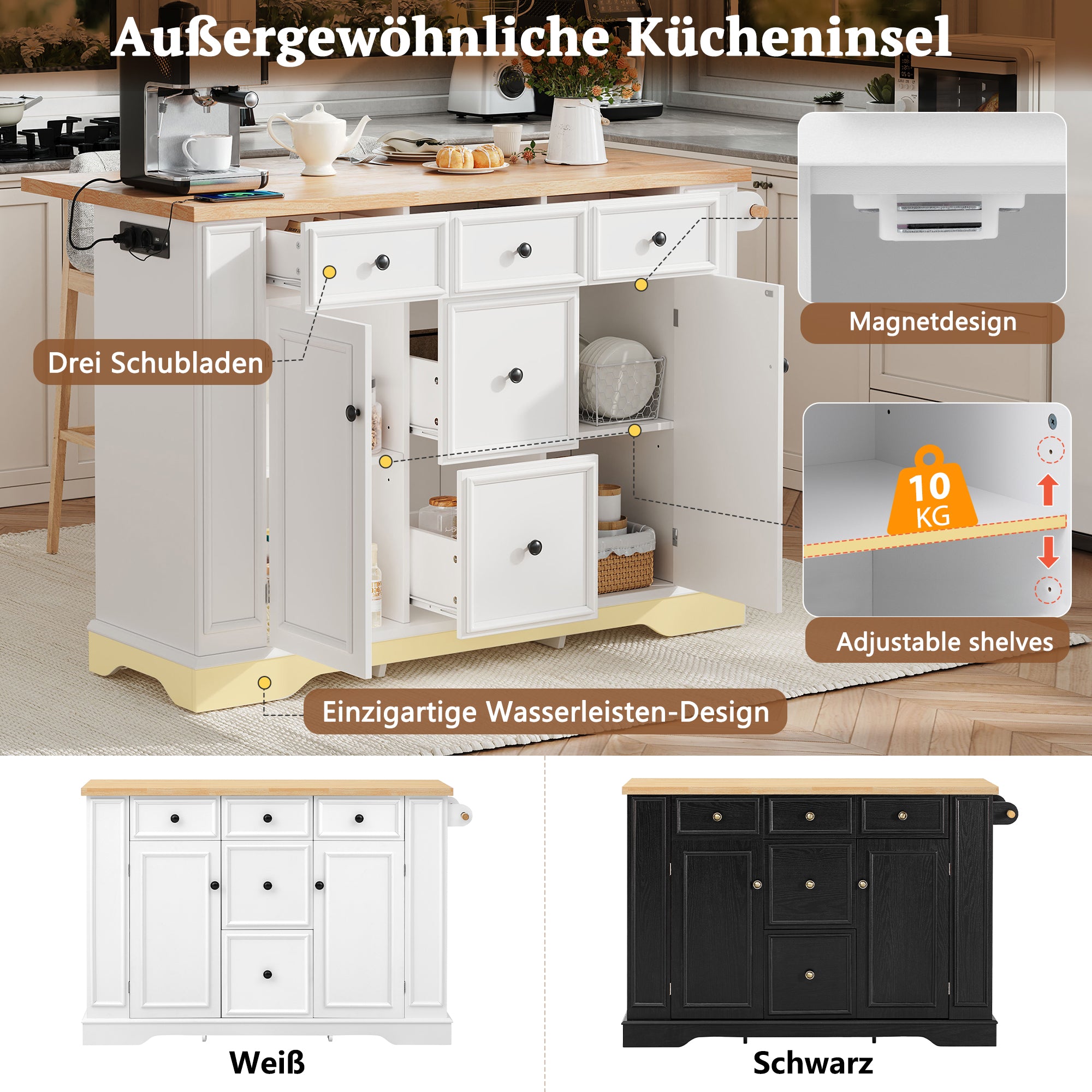 Extendable Kitchen Island with Drawers, Shelves & Power Strips - White