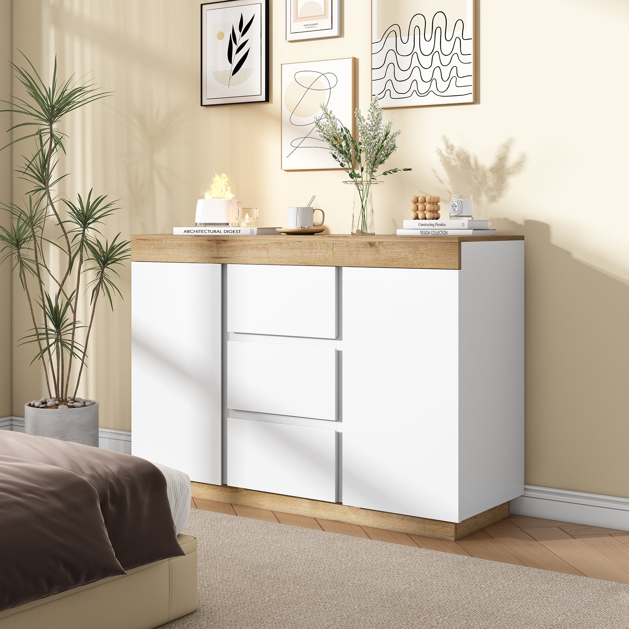 Chest of Drawers 3 Drawers 2 Doors Lockable Storage - White/Oak Chipboard