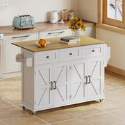Kitchen Island Fold-Down Worktop 4 Doors 3 Drawers Barn Style with Casters - White