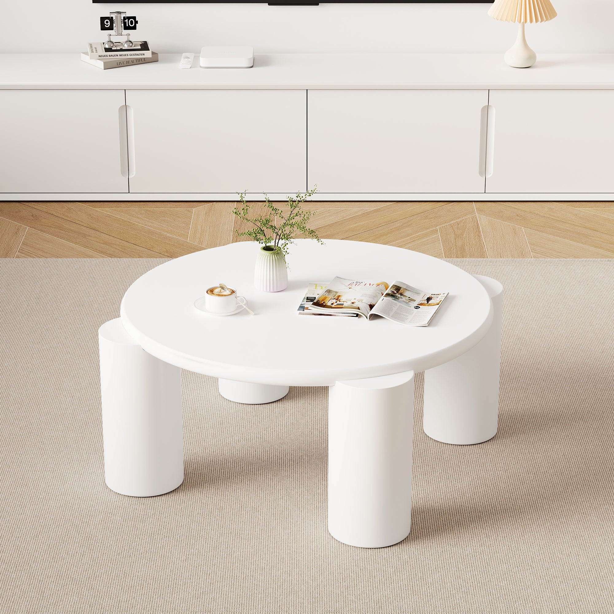 White Cloud Coffee Table, Modern Round Edge with 4 Sturdy Support Legs, Small, White