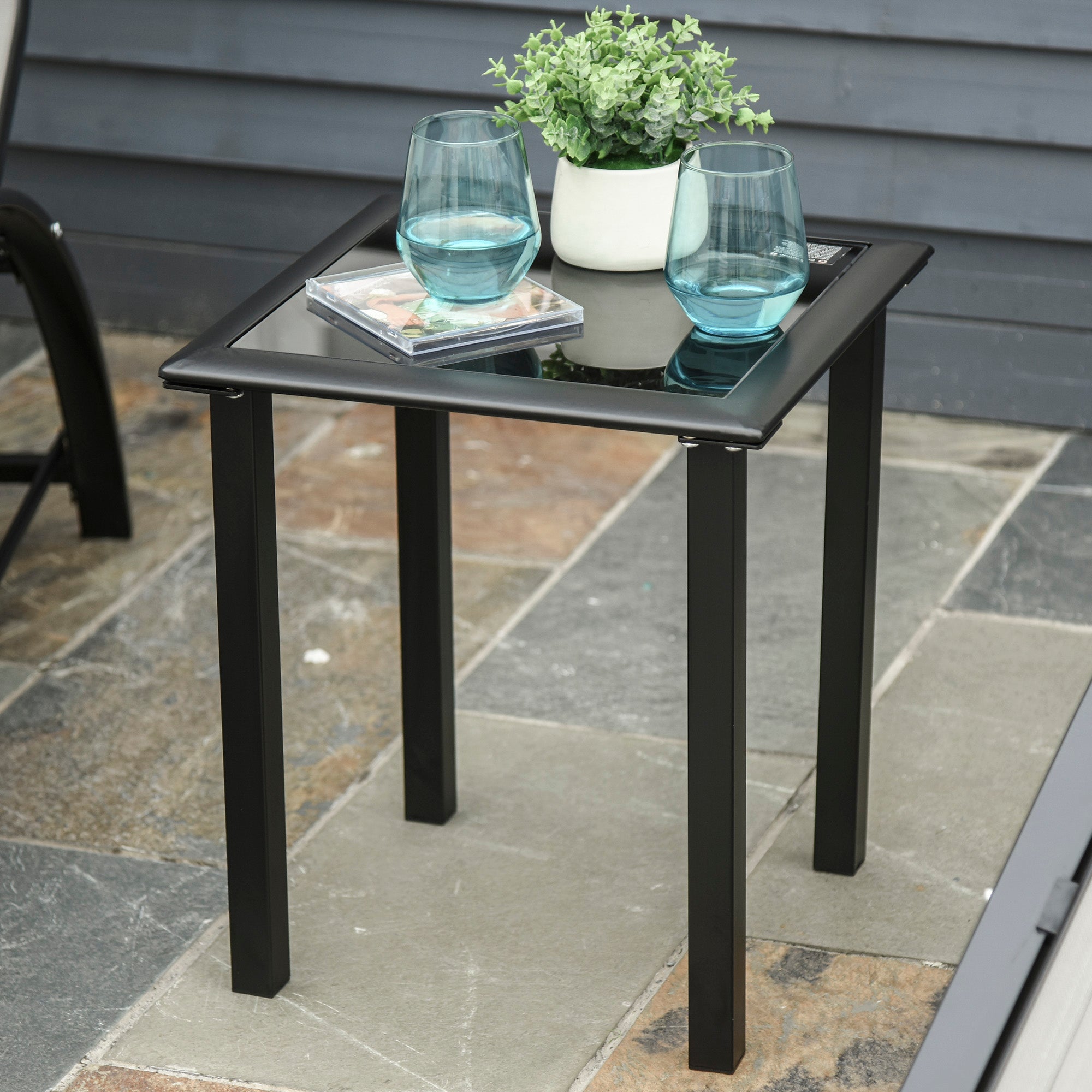 3 Pieces Sun Lounger Chair Set, Outdoor Recliner with Side Table and Armrest, Metal Frame, Grey