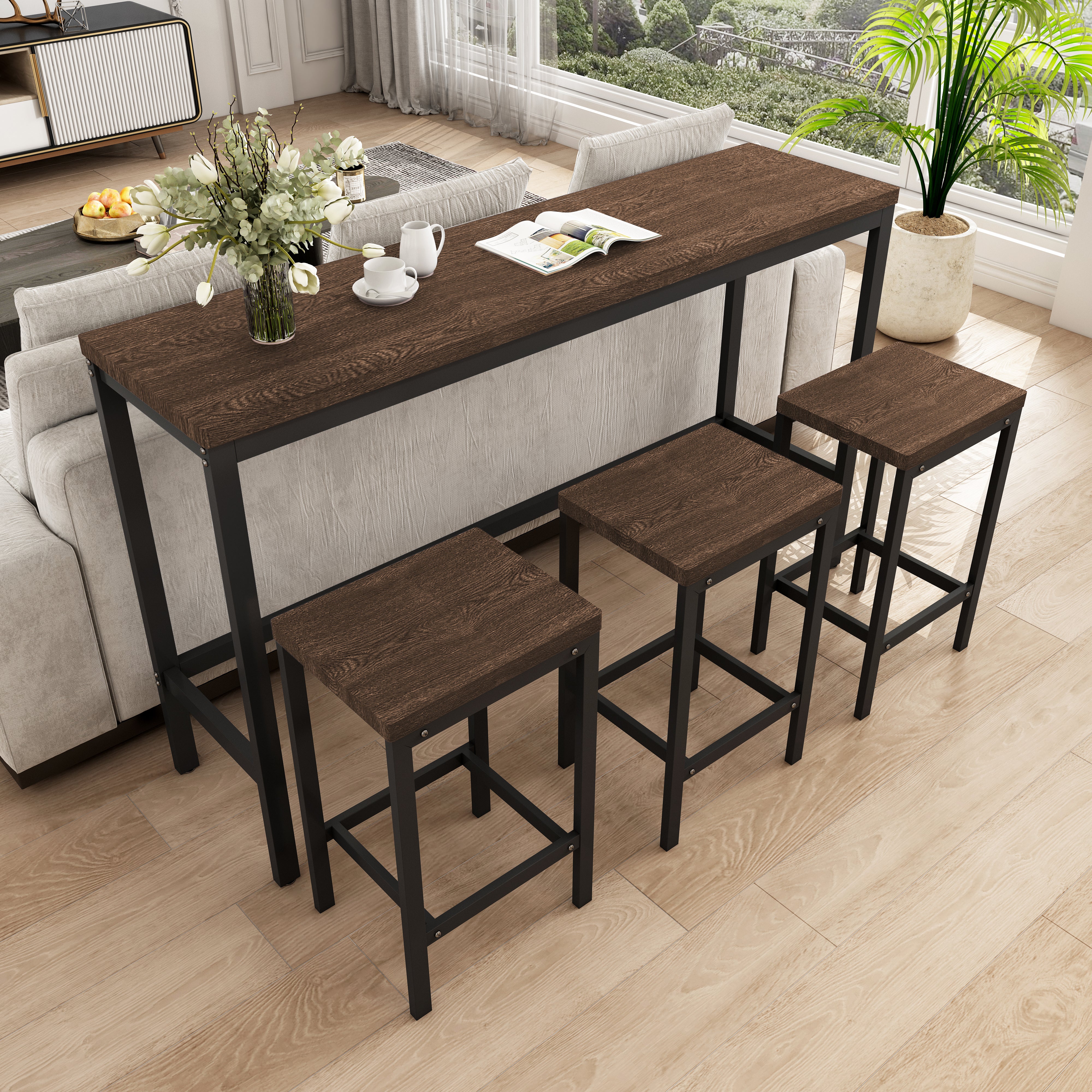 Modern Design Kitchen Dining Table 148CM with 3 Stools, Dark Brown